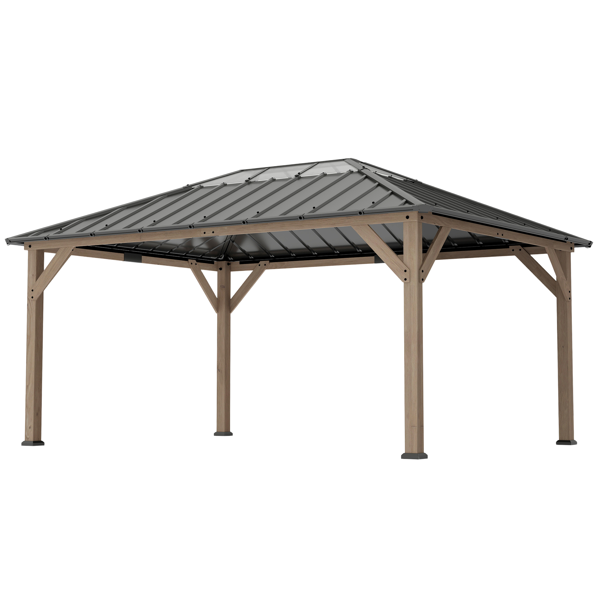 Outsunny 12' x 16' Hardtop Gazebo with Galvanized Steel Roof, UPF50+ Wood Permanent Pavilion with Clear Roof Top, Light Walnut