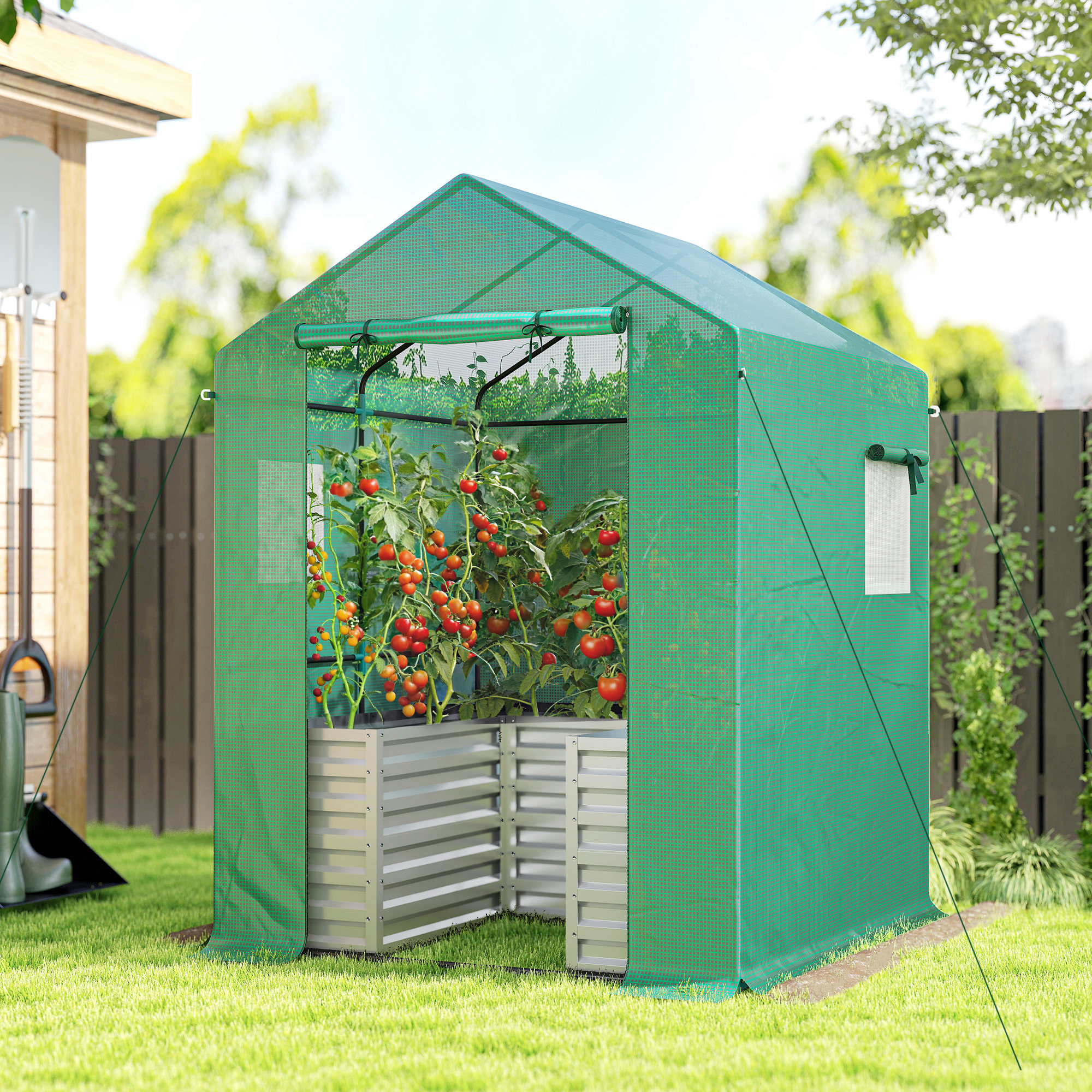 Outsunny Greenhouse with Raised Garden Bed, Galvanized Metal Planter Box with PE Cover, Roll Up Door, 56" x 56" x 75", Green Aosom Canada