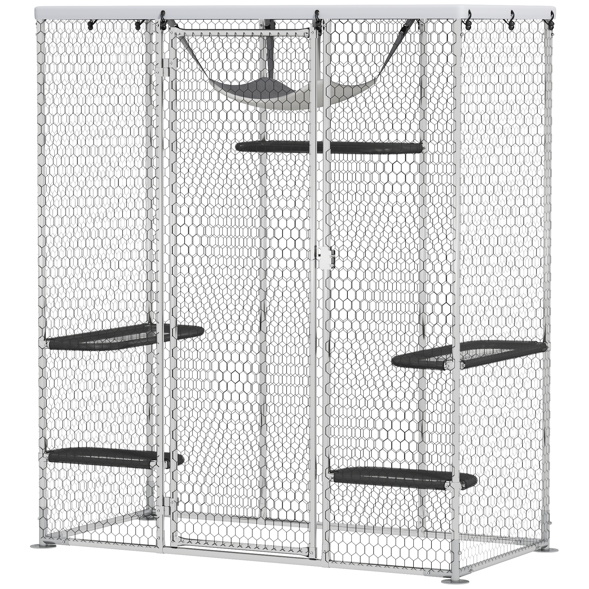 PawHut Catio Outdoor Cat Enclosure, Galvanized Steel Walk-in Cat Cage with Waterproof Cover, 5 Adjustable Platforms, Hammock