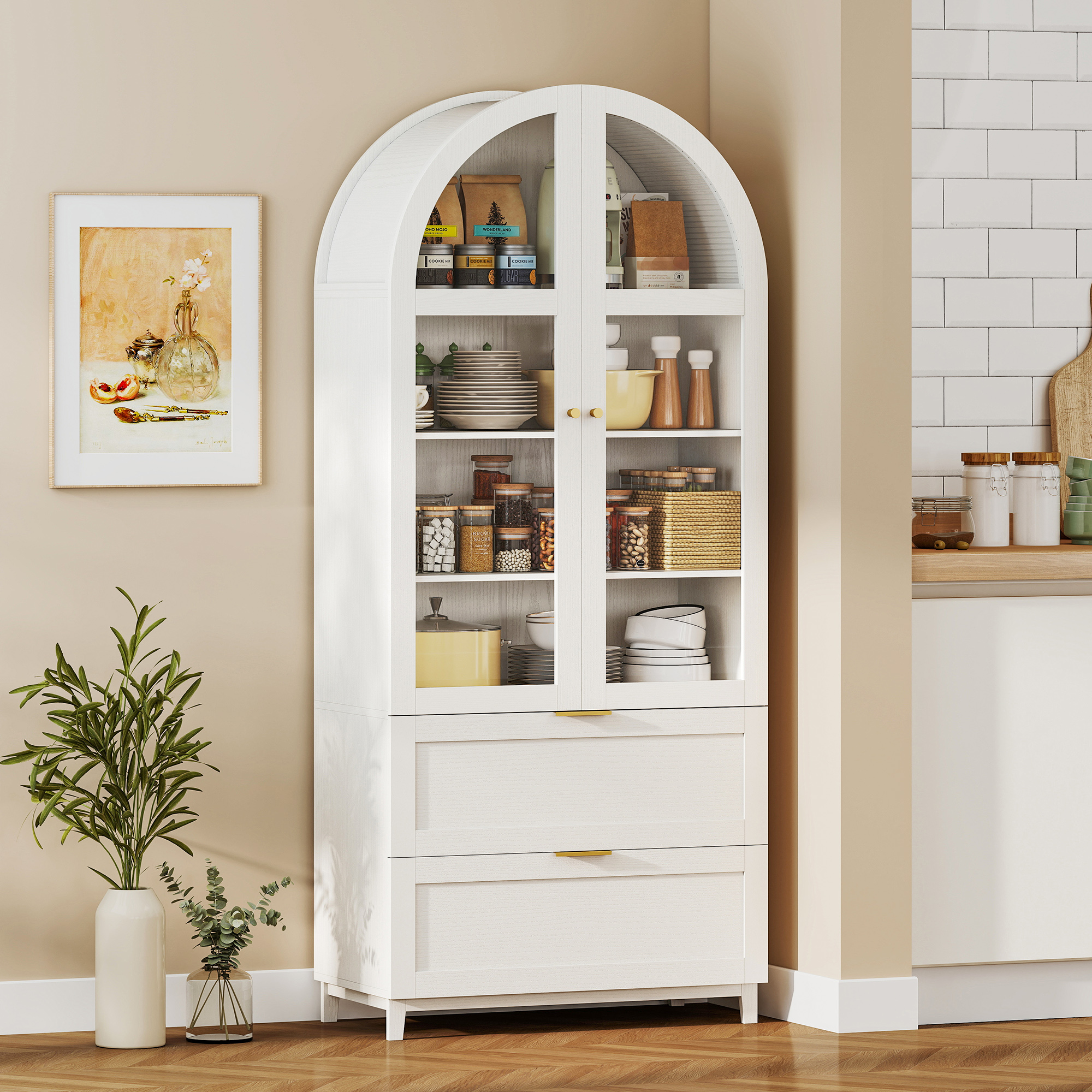 HOMCOM 71" Arched Kitchen Pantry Cabinet with Acrylic Doors, Farmhouse Kitchen Storage Cabinet with 2 Drawers, White | Aosom Canada