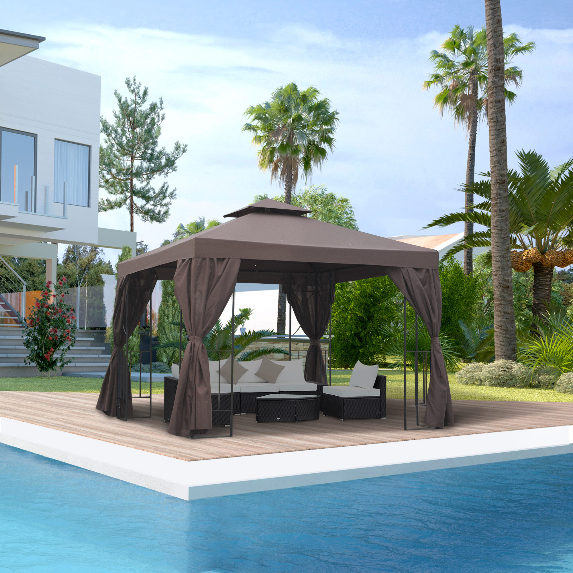 Outsunny 10'x10' Outdoor Patio Gazebo Canopy Brown Garden Shelter with Sidewalls Aosom Canada