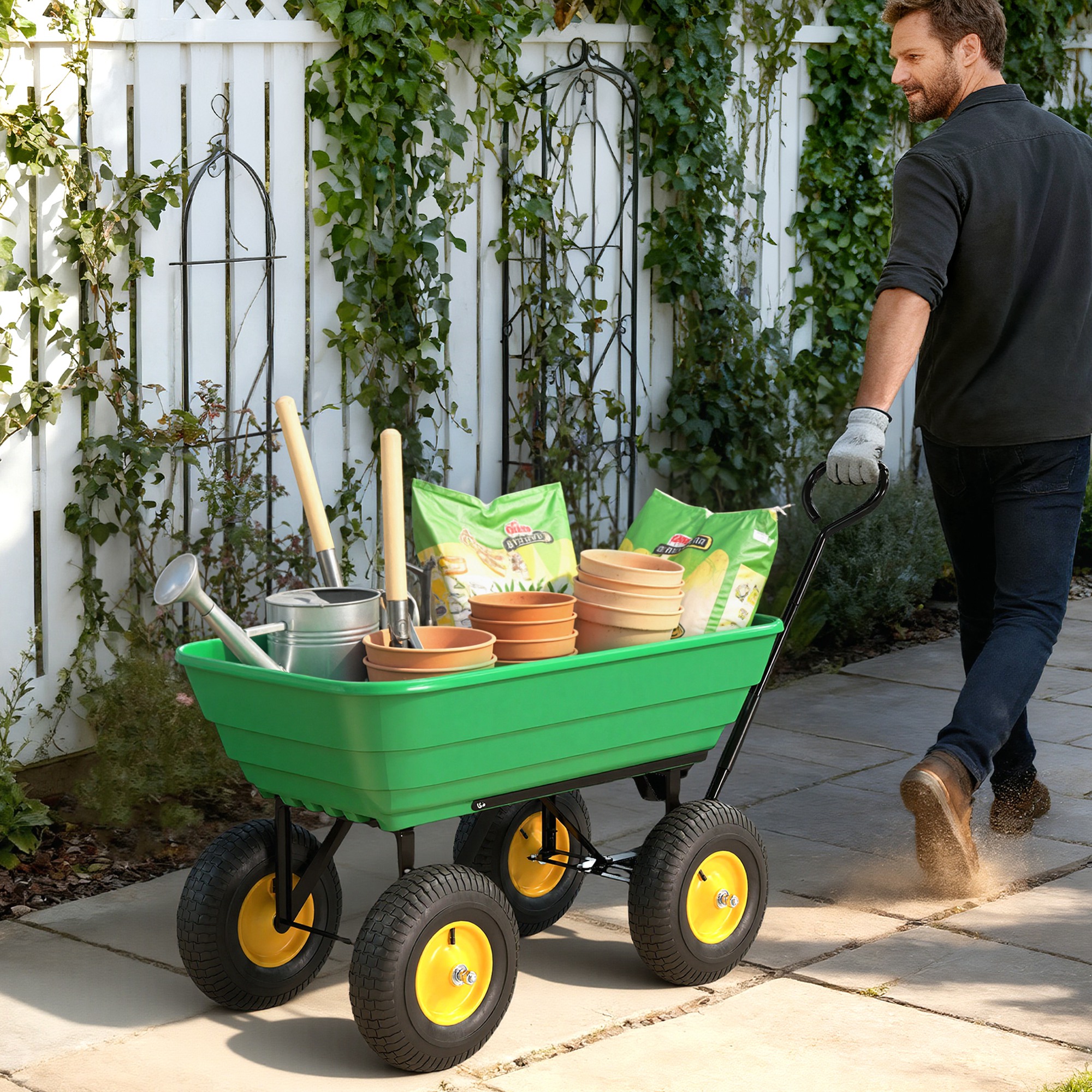 Outsunny Garden Dump Cart Heavy Duty 440lbs Garden Wagon with Steel Frame, Pneumatic Tires, Green Aosom Canada