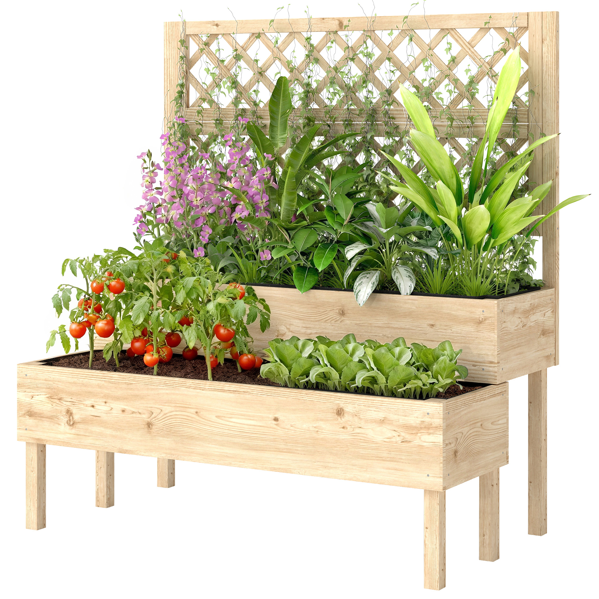 Outsunny 2-Tier Raised Garden Bed with Trellis, Elevated Planter Box for Climbing Plants, Natural