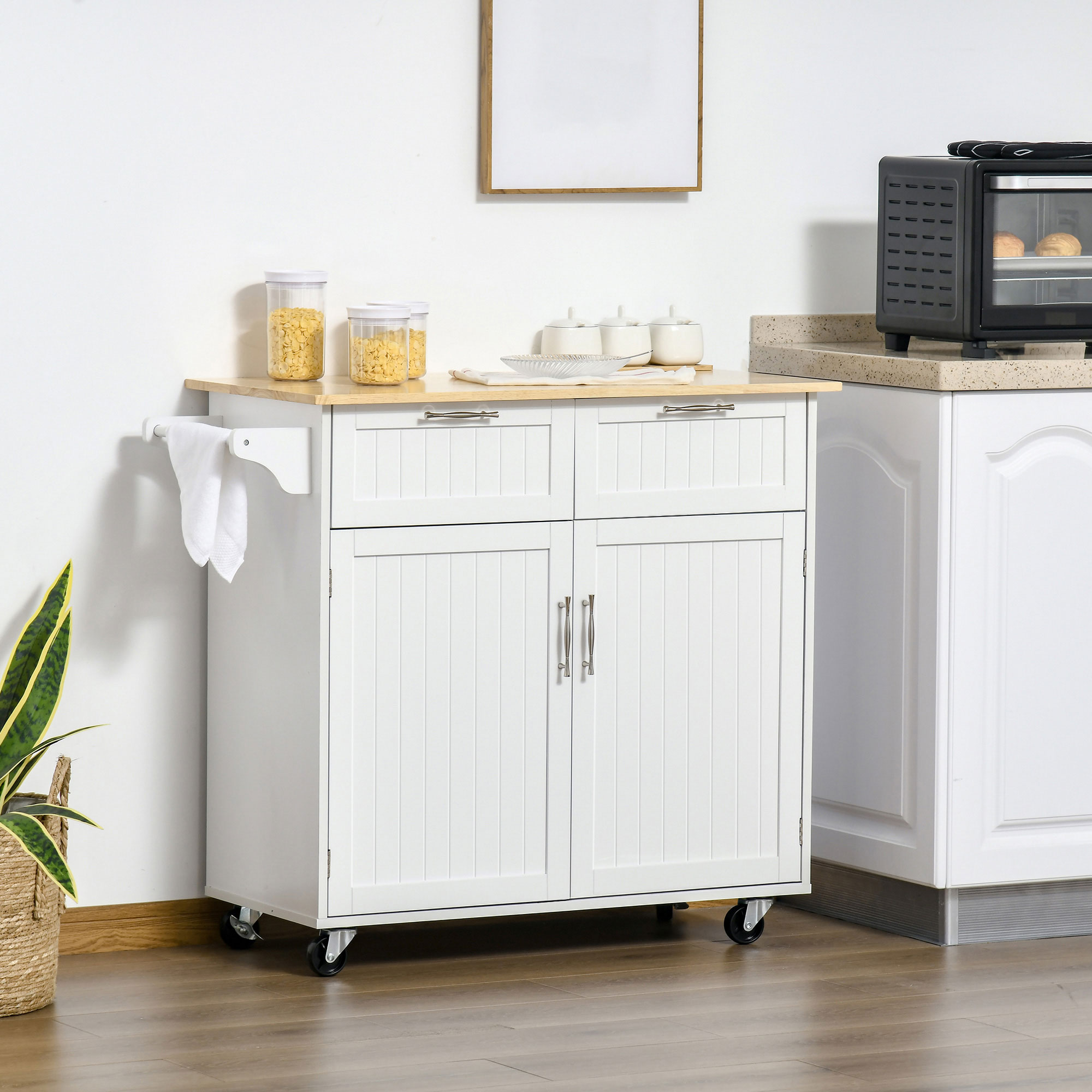 HOMCOM White Mobile Kitchen Island: Rubber Wood Top Cart with Storage Drawers, Cabinet & Towel Rack Aosom Canada