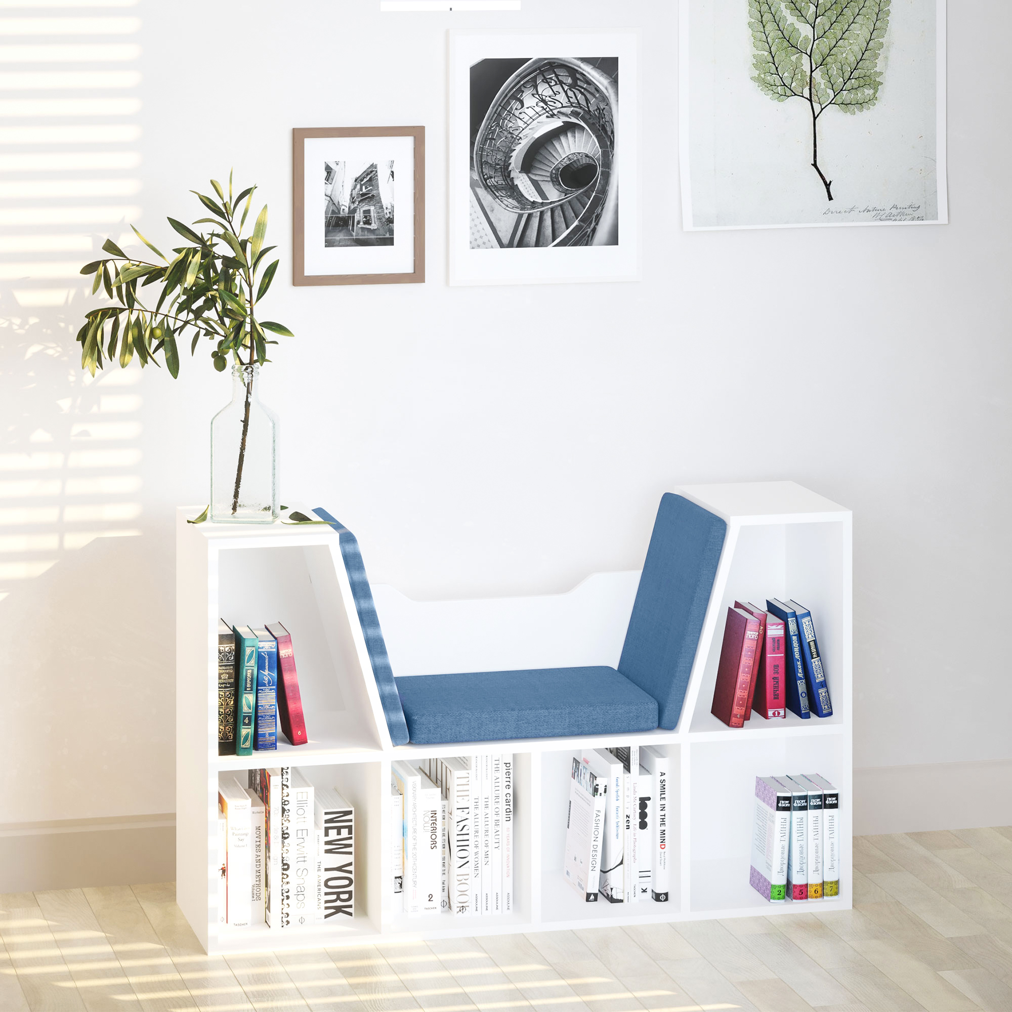 HOMCOM Kiddie Cubby Bliss: 6-Cubby Bookcase with Cushioned Reading Nook, Storage Organizer Cabinet Shelf in White & Blue Aosom Canada