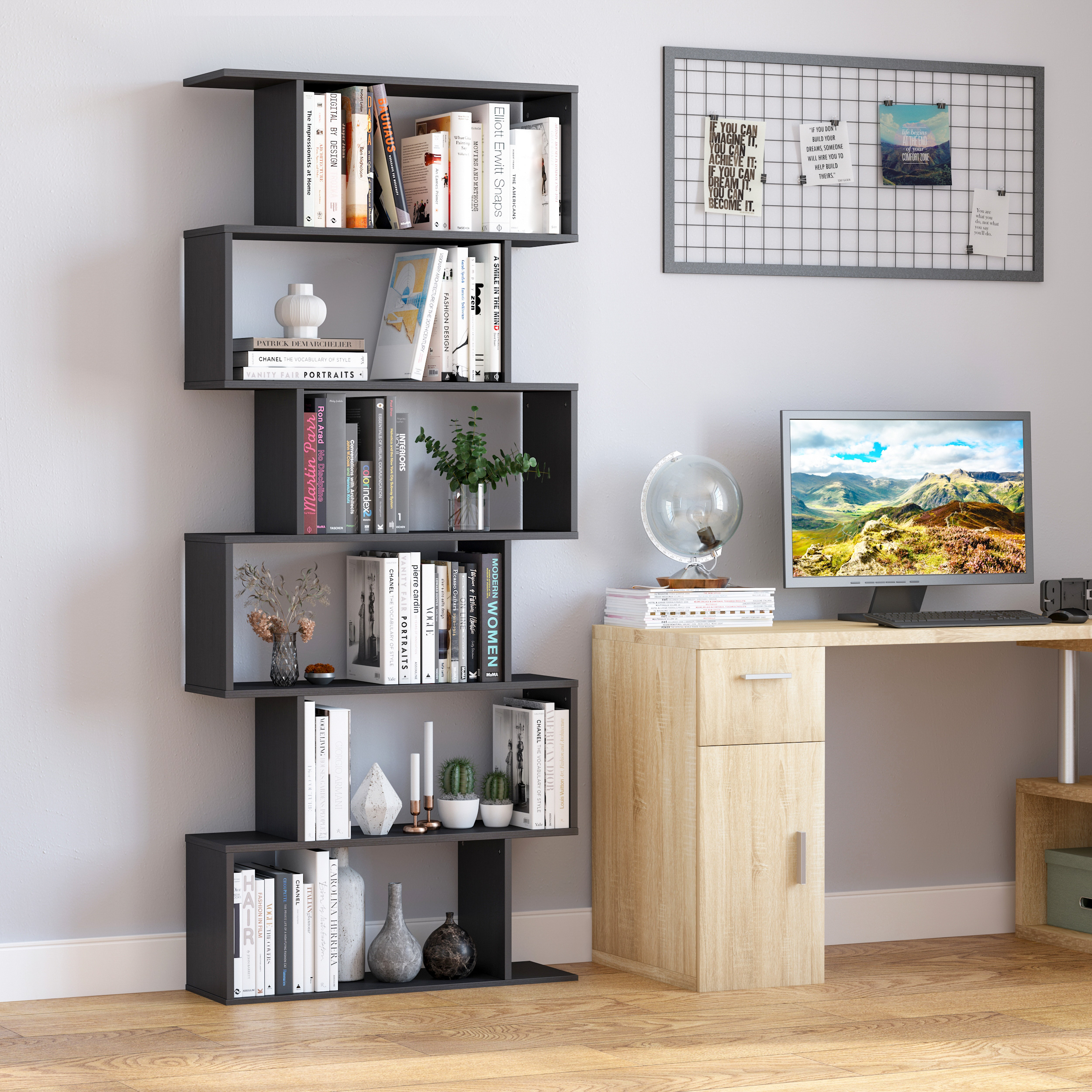 HOMCOM 6-Tier S-Shape Wooden Bookcase: Storage Display Unit for Home Office Furniture, Black Aosom Canada