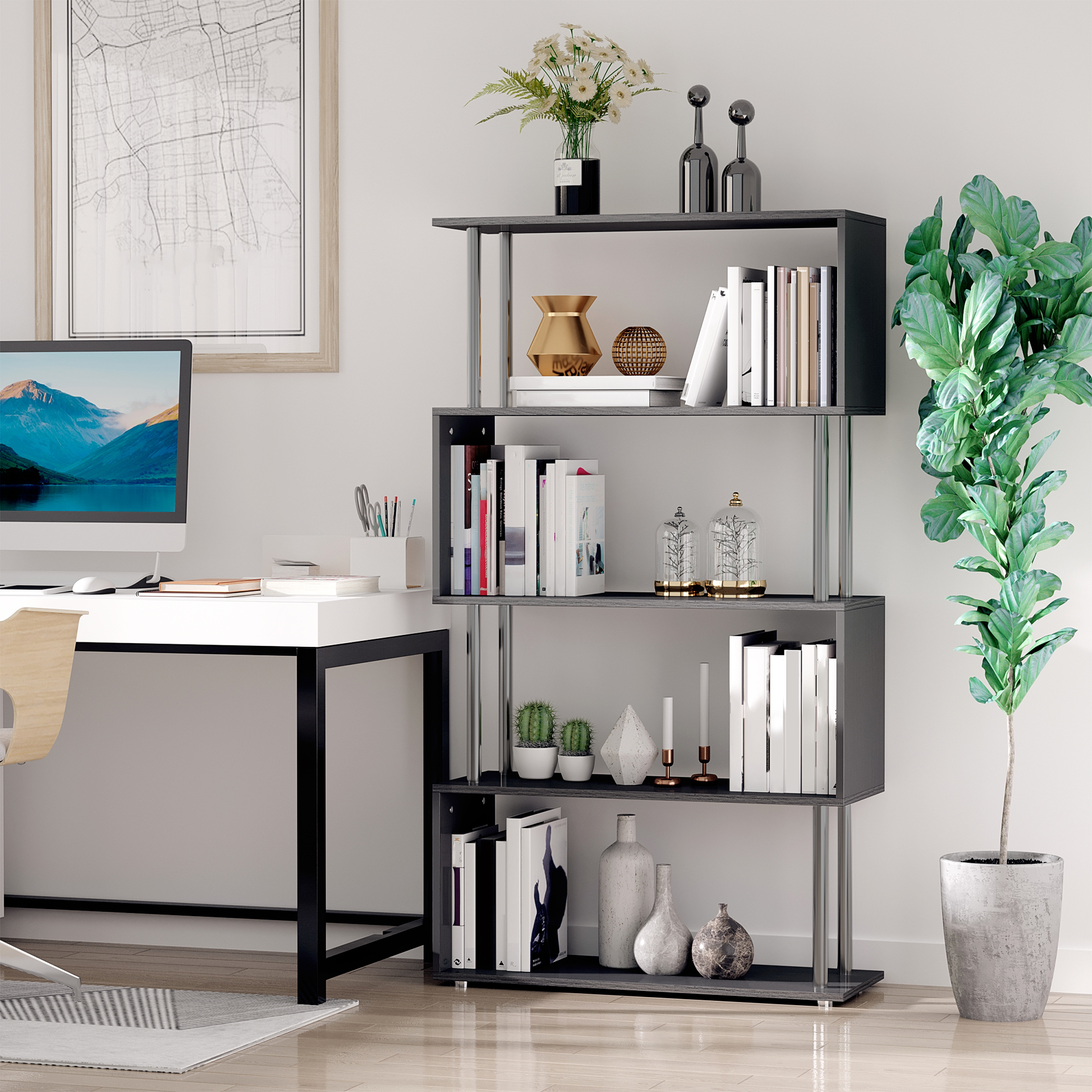 HOMCOM 5-Tier Z-Shape Bookcase: Wooden Shelves with Steel Frame for Living Room, Bedroom, Office, Black Aosom Canada