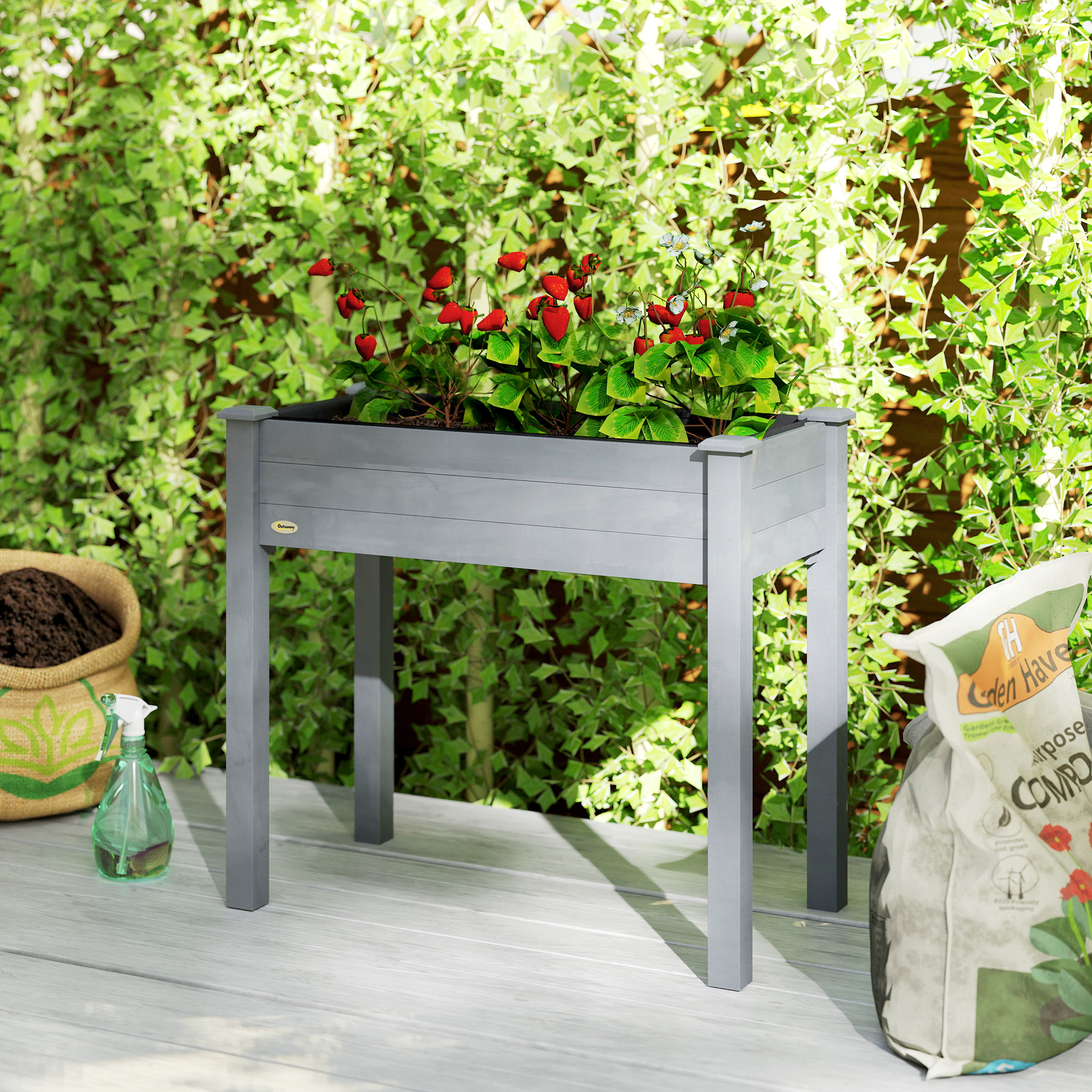 Outsunny Elevated Wooden Planter Box 34"x18"x30" with Legs, Drainage, Inner Bag for Easy Gardening - Dark Grey Aosom Canada