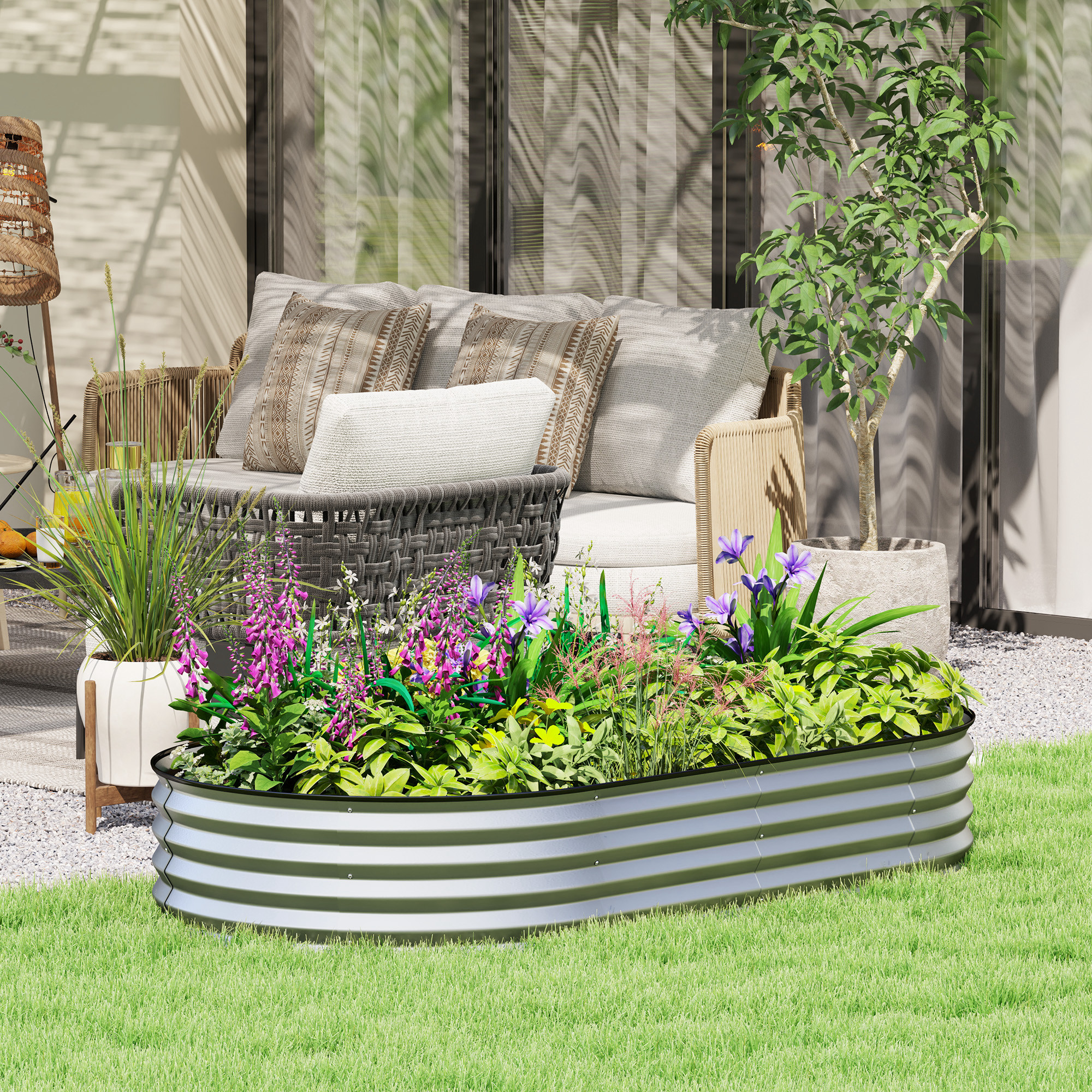 Outsunny 6 3 1 ft Oval Box Planters, Galvanized Raised Garden Bed with Metal Plant Stake, Silver Aosom Canada