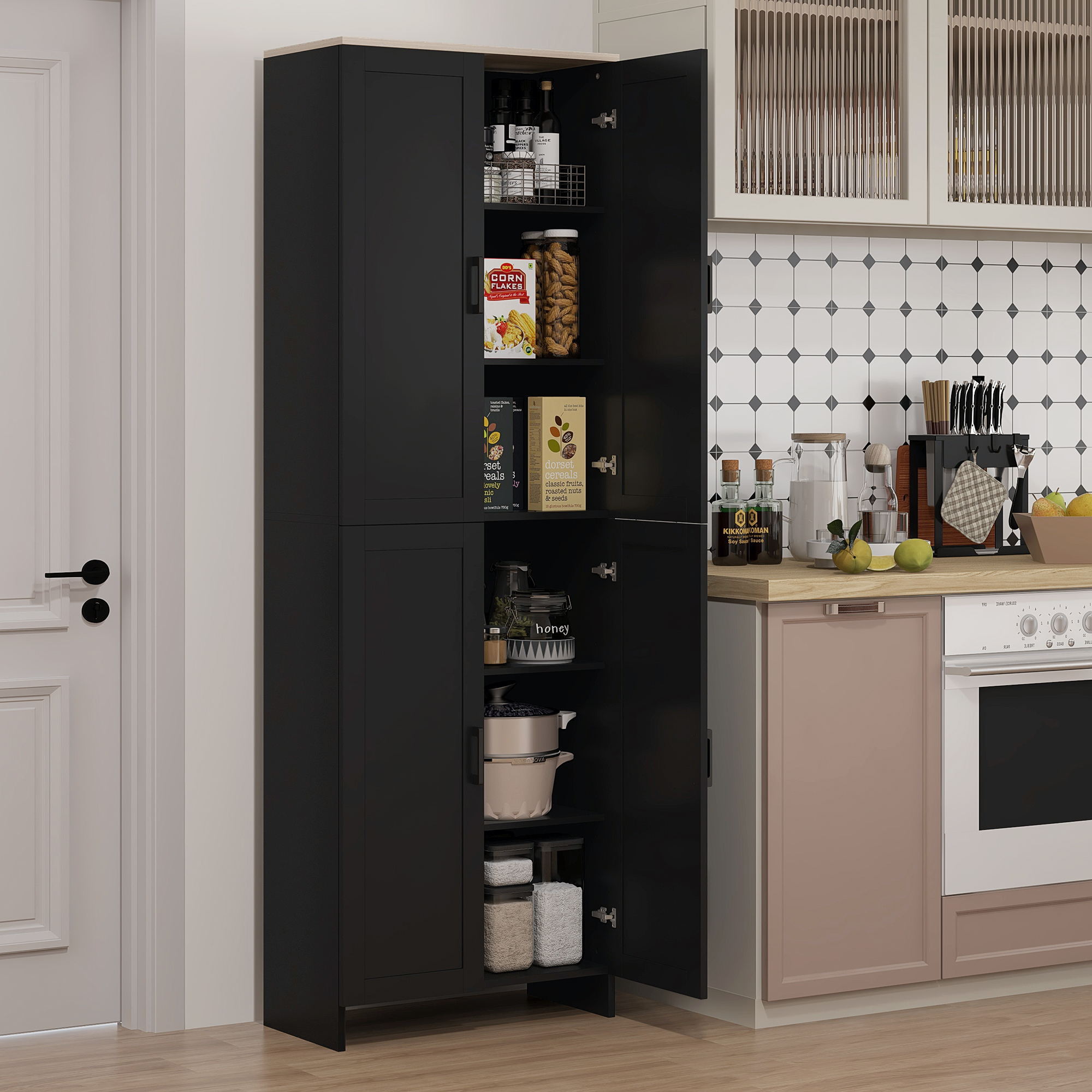HOMCOM 67" Freestanding Kitchen Pantry Cabinet - 4-Door Cupboard with Adjustable Shelves, Sleek Black Aosom Canada
