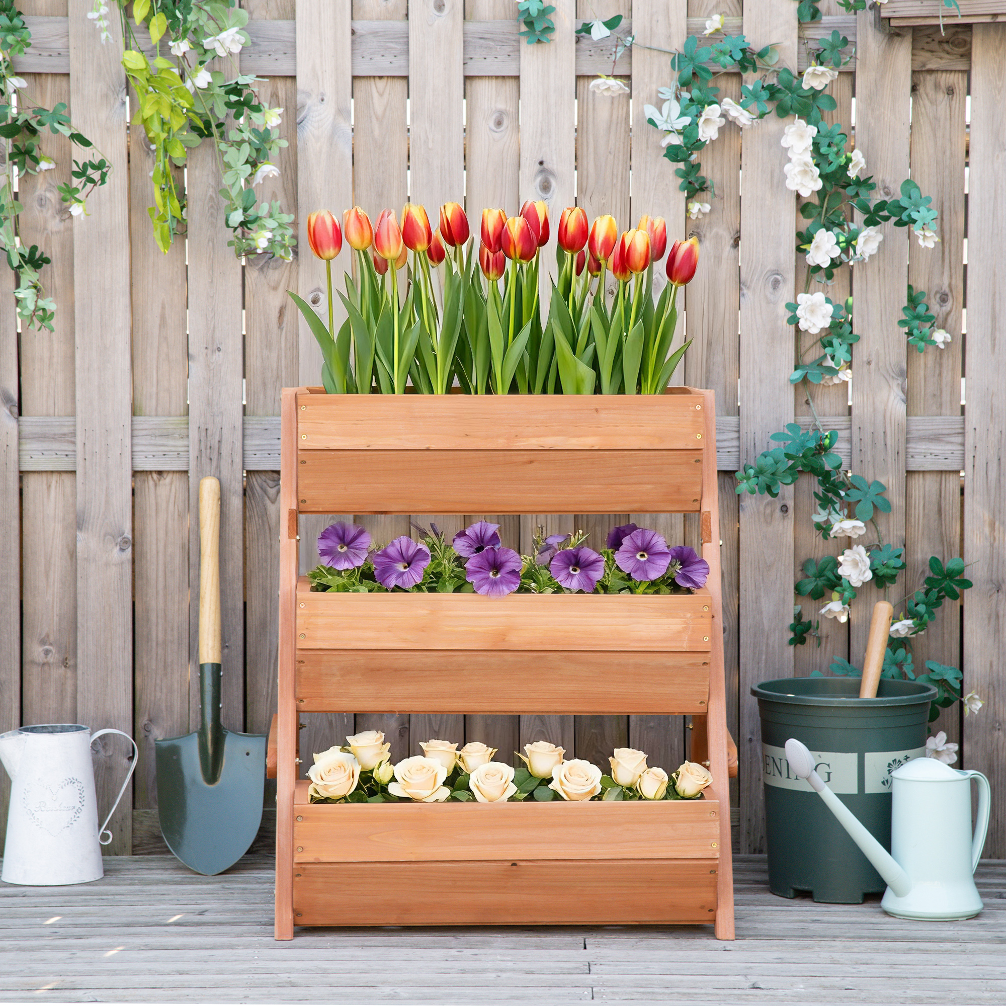 Outsunny 3 Tier Raised Garden Bed Vertical Wooden Elevated Planter