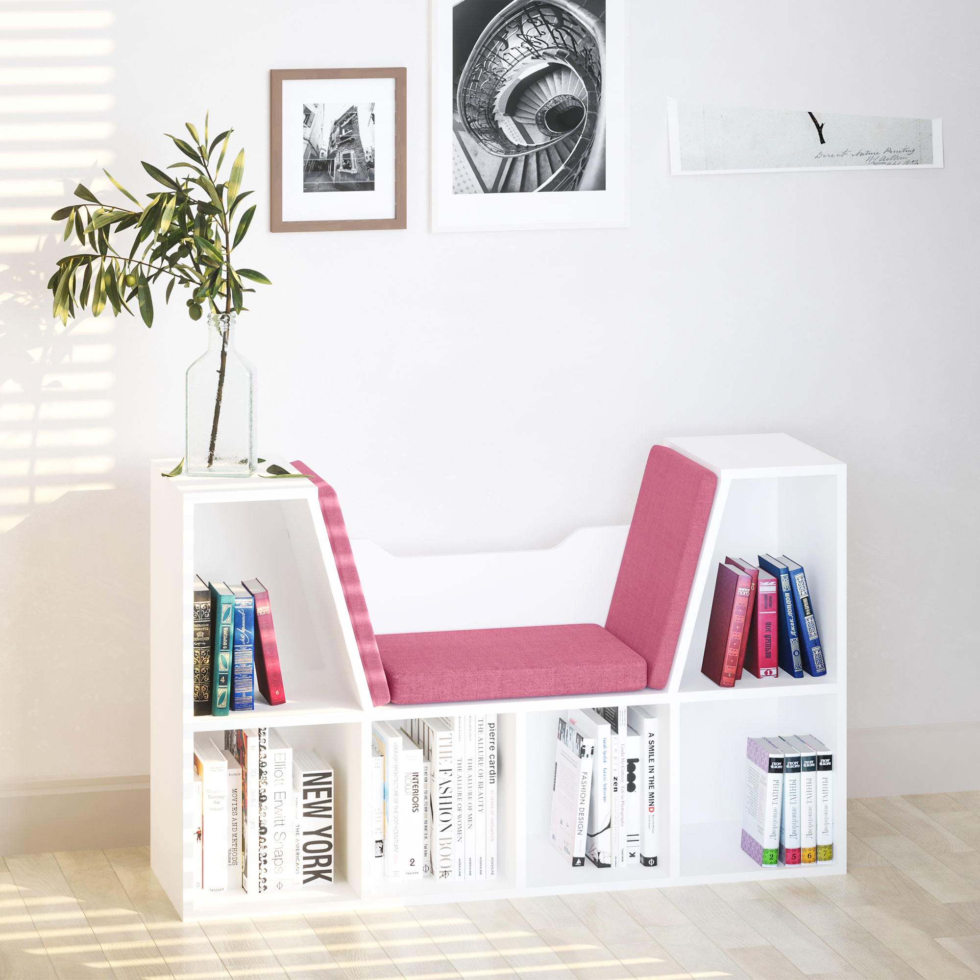 HOMCOM 6-Cubby Kids Bookcase with Cushioned Seat Reading Nook Multi-Purpose Storage Organizer Cabinet Shelf, White Pink Aosom Canada