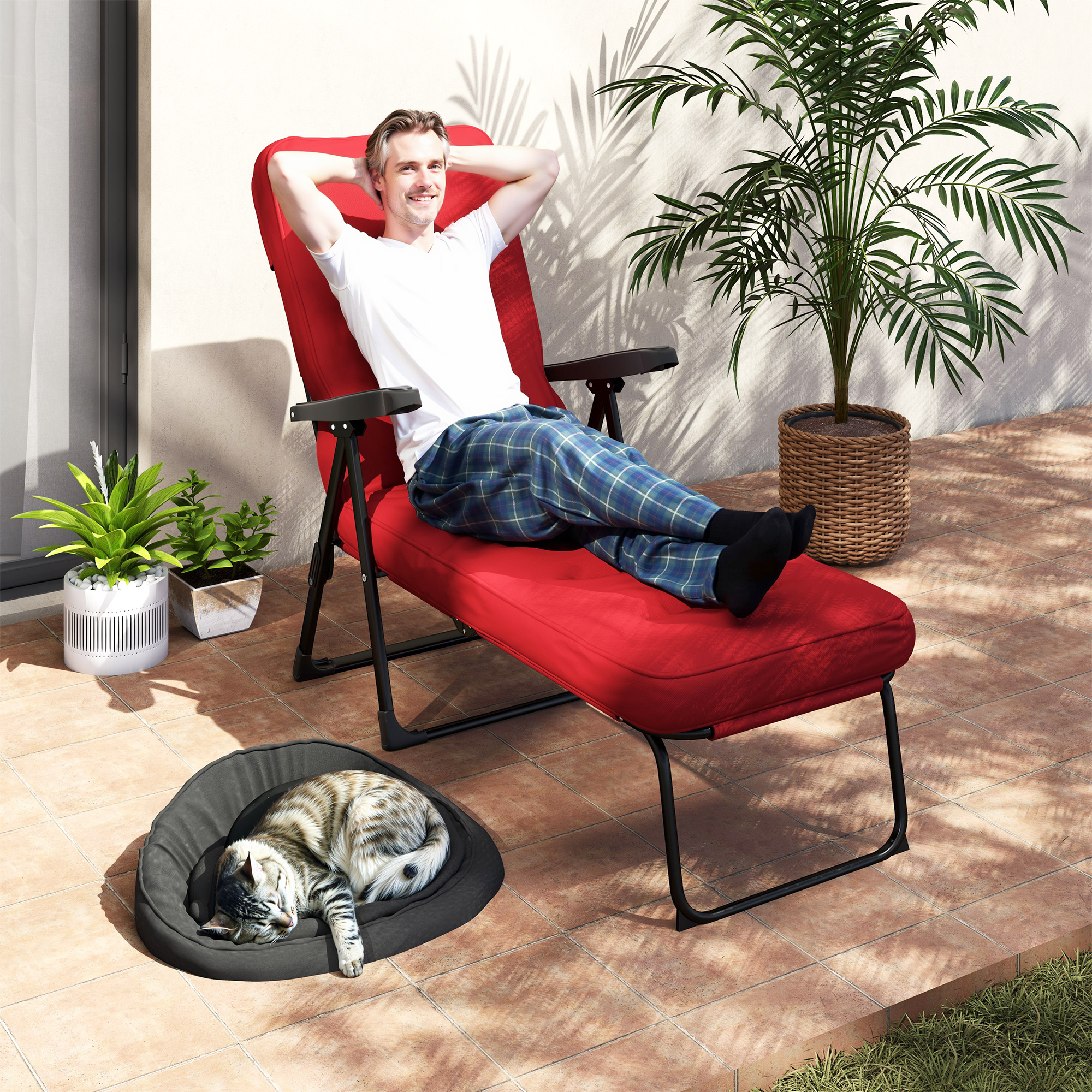 Outsunny Folding Outdoor Lounge Chair with Cushion, Adjustable Backrest, Reclining Patio Garden Chair with Footrest, Wine Red Aosom Canada
