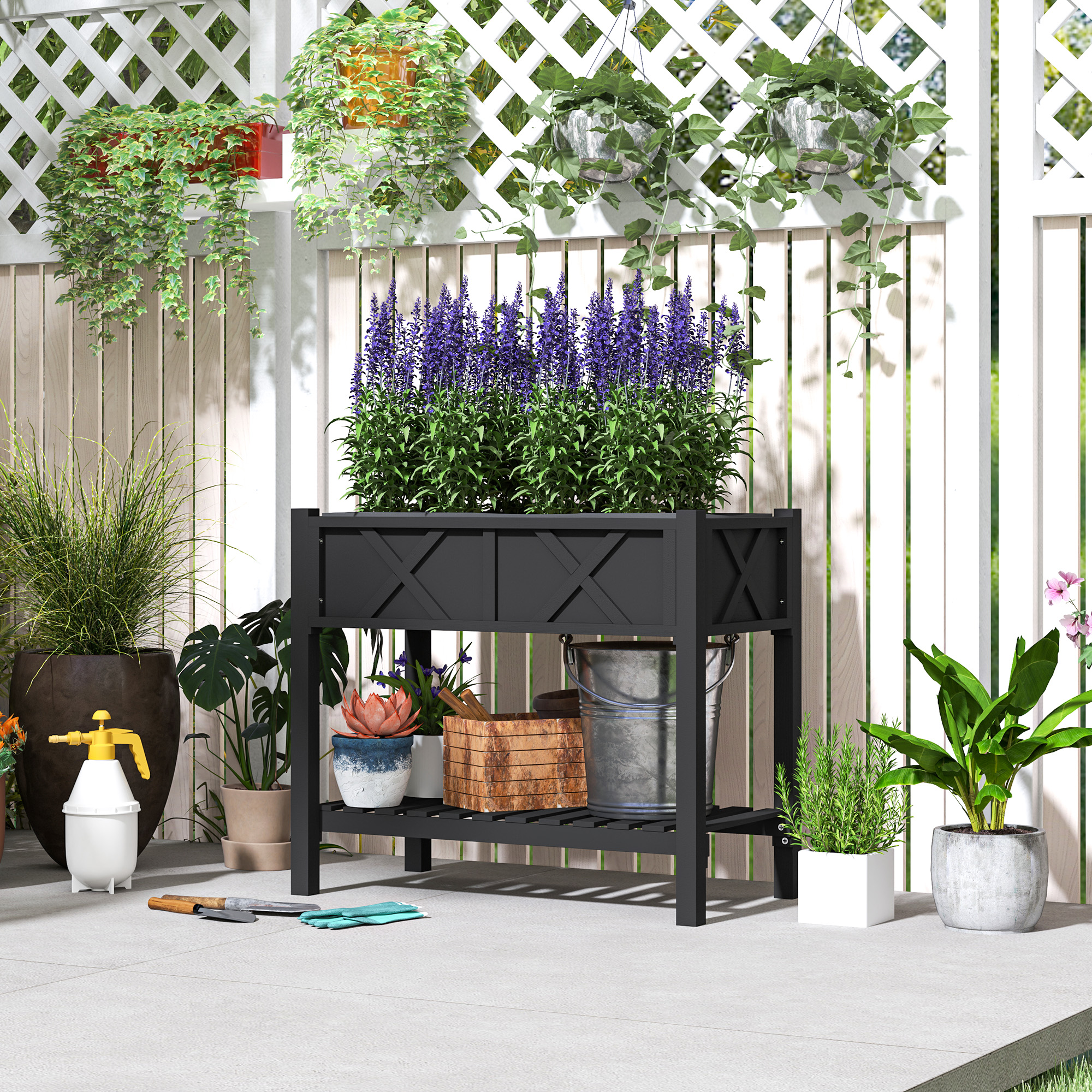 Outsunny Wooden Raised Garden Bed, Elevated Planter Box with Storage Shelf, Drainage Holes and Liner, 34" x 18" x 30", Black Aosom Canada