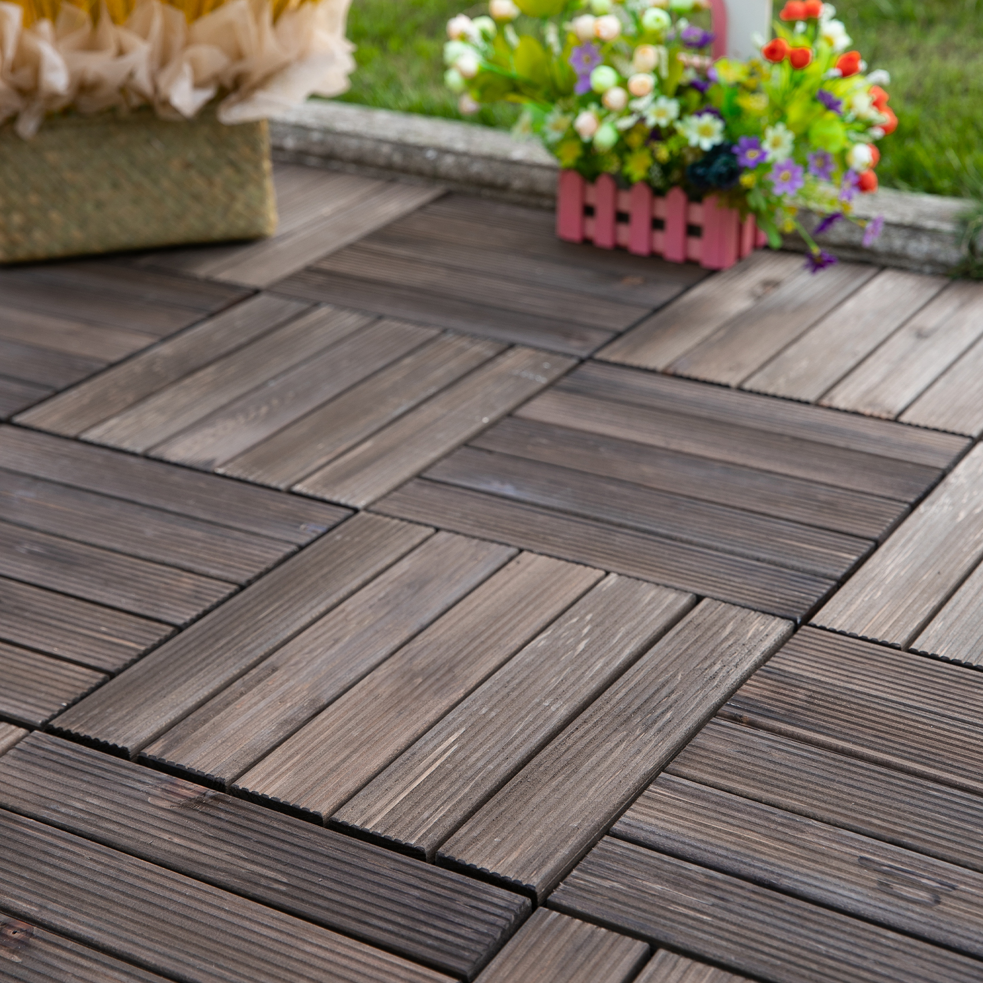 Outsunny Durable Interlocking 27 Pcs Wood Floor Deck Tiles Outdoor Space Enhancer Black Aosom Canada