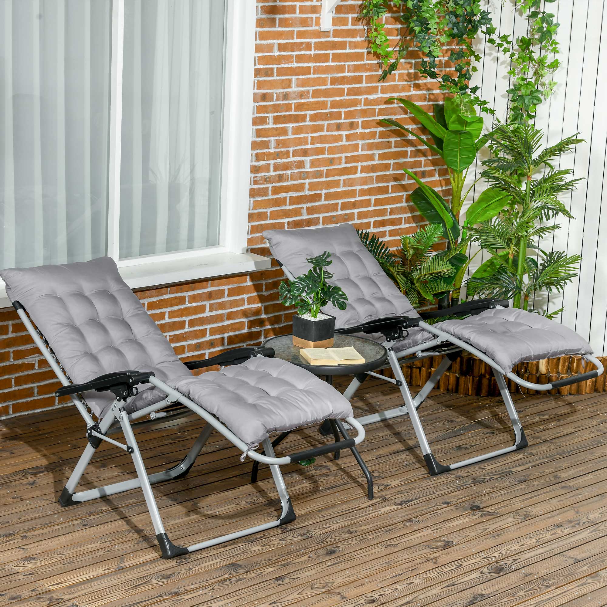 Outsunny Garden Chairs Set of 2 Reclining Zero Gravity Sun Lounger with Cushion Grey Outdoor Aosom Canada