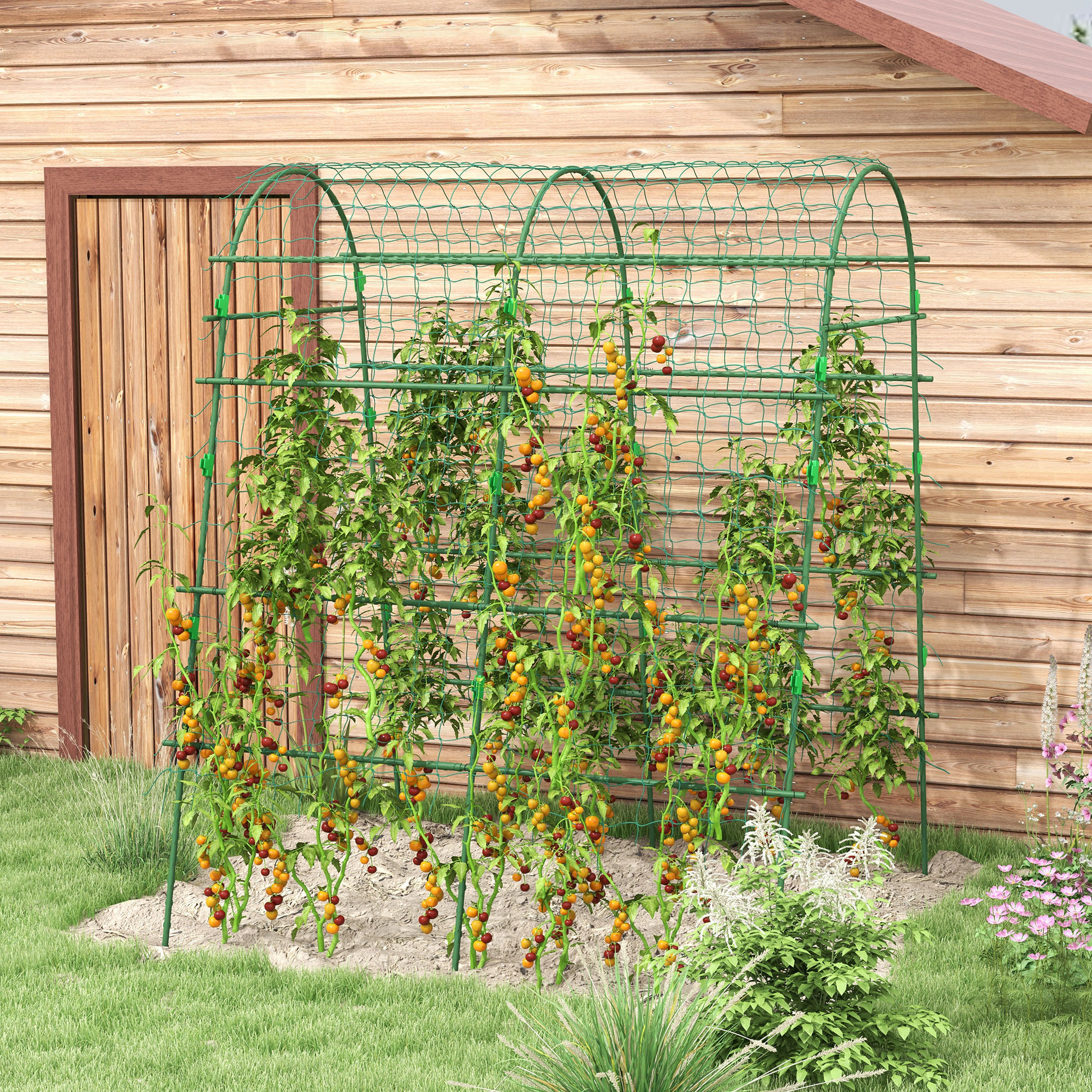 Outsunny Arched Garden Trellis A-Frame Metal Cucumber Plant Trellis with Climbing Net & Customizable Design 57" x 66" x 81" Aosom Canada