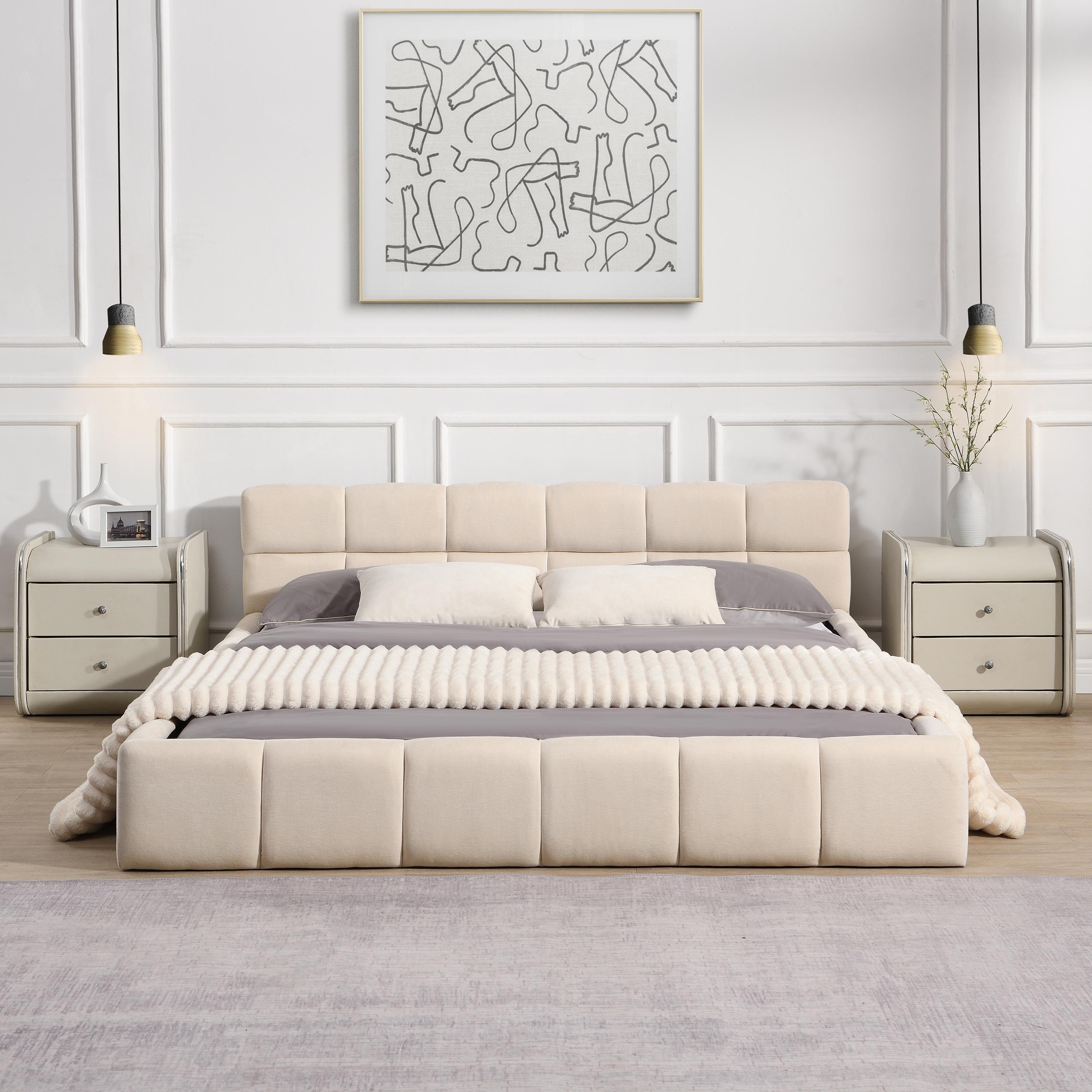 Upholstered Bed Frame with Chenille Headboard, Queen Size Bed Frame for Homes and Families, 88'' L x 67.5'' W x 24'' H, Beige | Aosom Canada