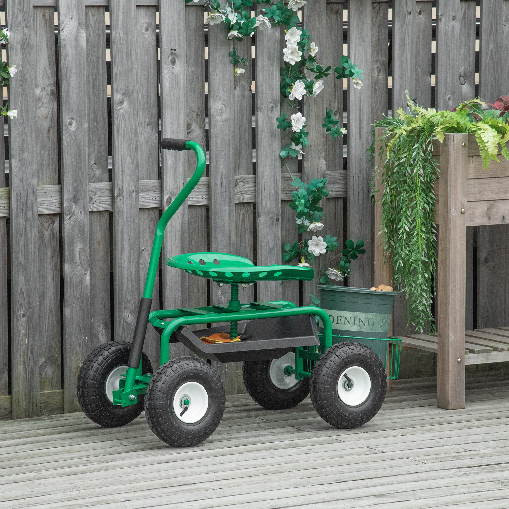 Outsunny Garden Scooter, Rolling Cart with Swivel and Adjustable Seat, Tool Tray, Bucket Basket, Green and Black Aosom Canada