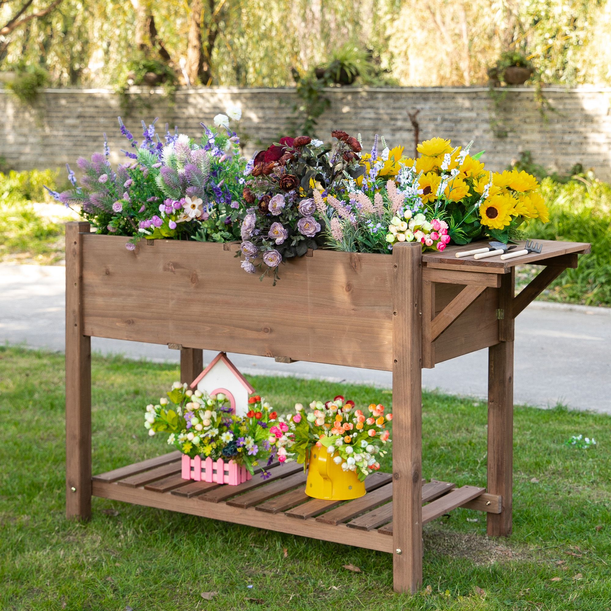Outsunny Wooden Raised Garden Bed 49'' x 21'' x 29'' Outdoor Flower Plant Stand Tall Box with Clapboard Brown Aosom Canada