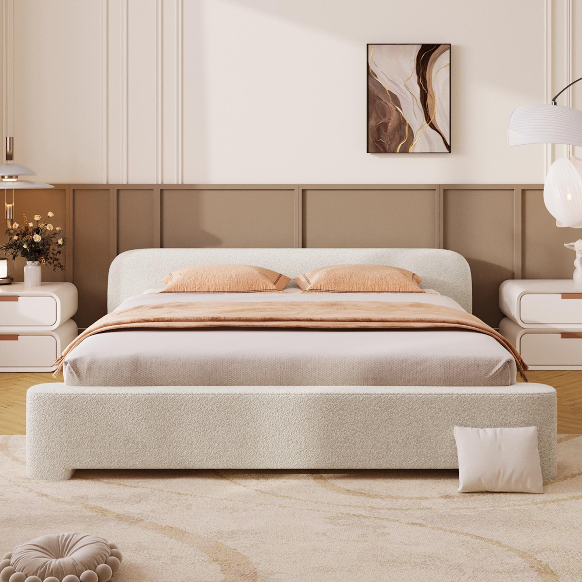 Queen Upholstered Bed with 10 Slats, 3 Central Support Legs, Birch Wood Frame for Modern Condos, 87'' L x 71.5'' W x 24'' H, White | Aosom Canada