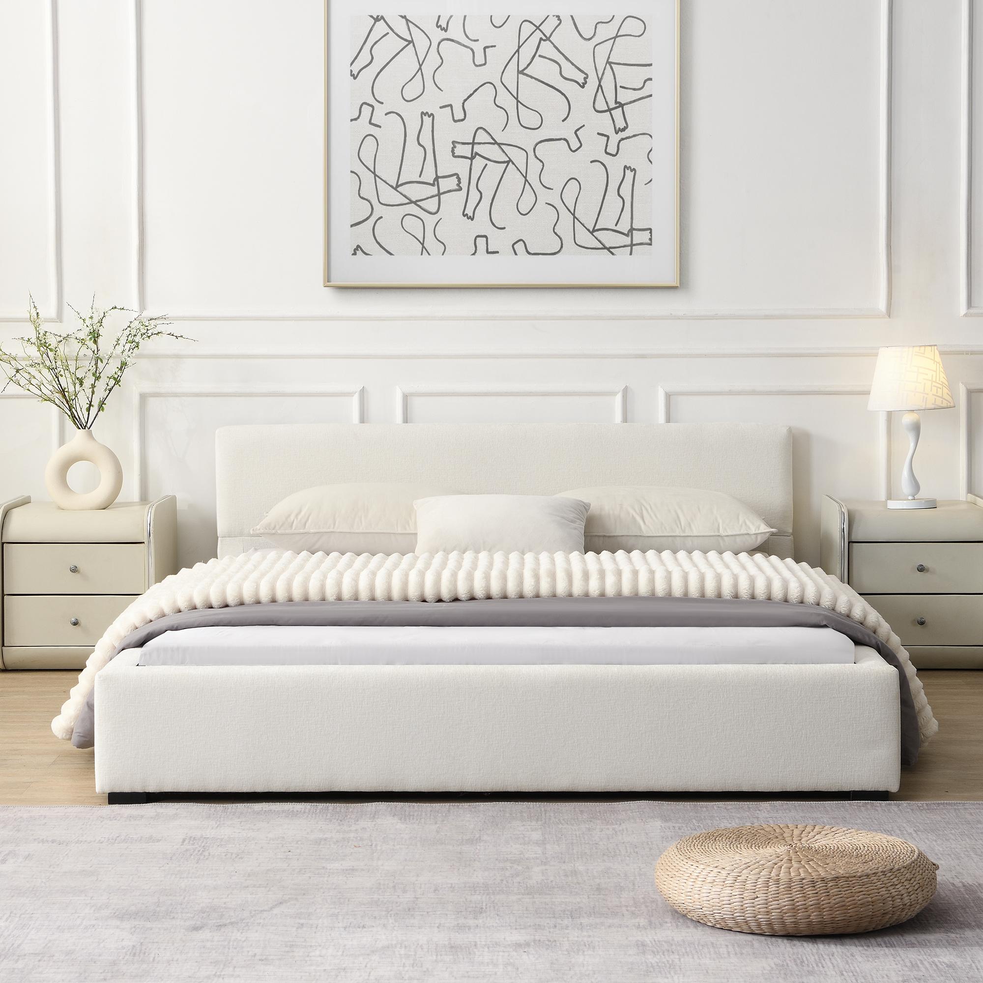 Queen Wide-Edge Bed with 12 Wooden Slats & 3 Support Legs, Solid Bed Frame with a Sturdy Stand, 87.5'' L x 66.5'' W x 27.5''H cm, Beige | Aosom Canada