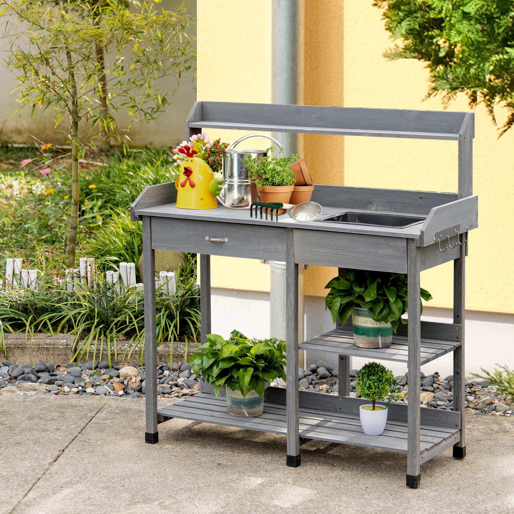 Outsunny Potting Bench Table Garden Work Bench Workstation with Drawer, Removable Sink, Storage Shelves and Hooks Aosom Canada