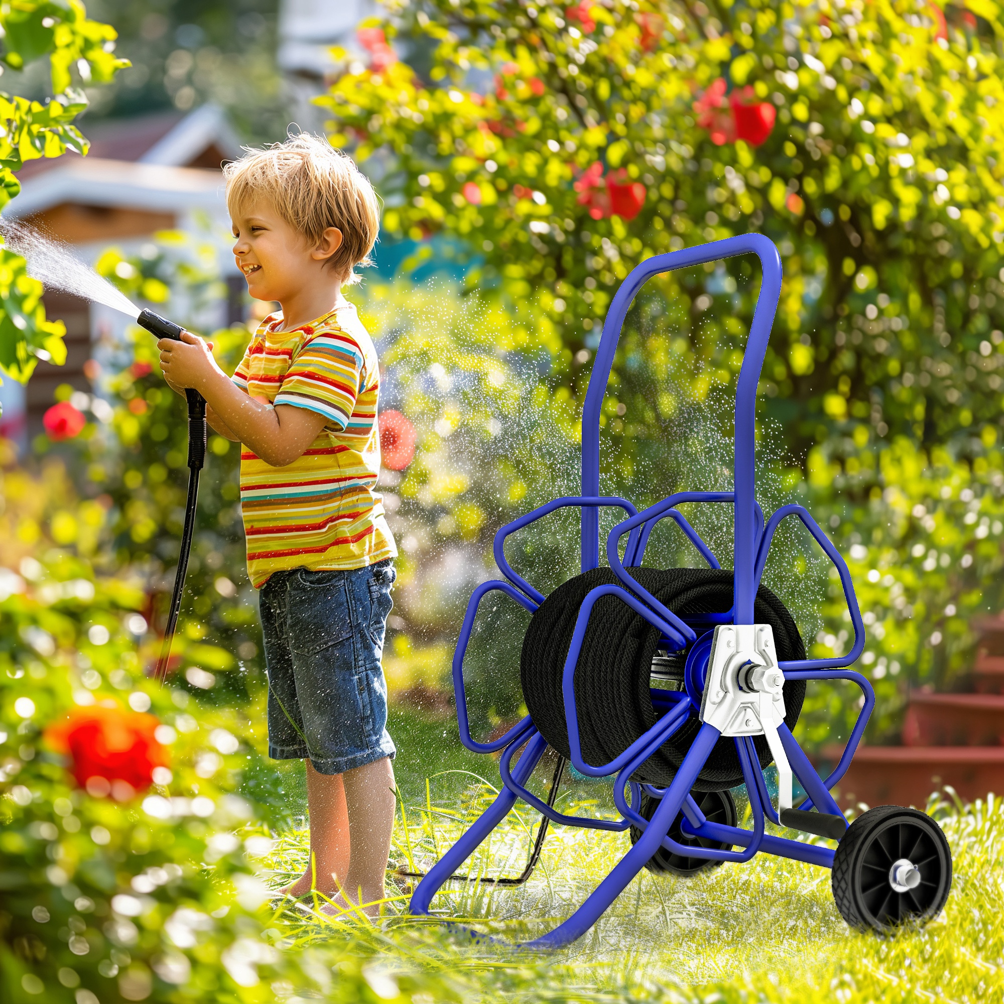 Outsunny 98 ft of 5/8" Hose Reel Cart (Hose Not Included), Garden Water Hose Carts with Wheels for Yard, Lawn, Blue Aosom Canada