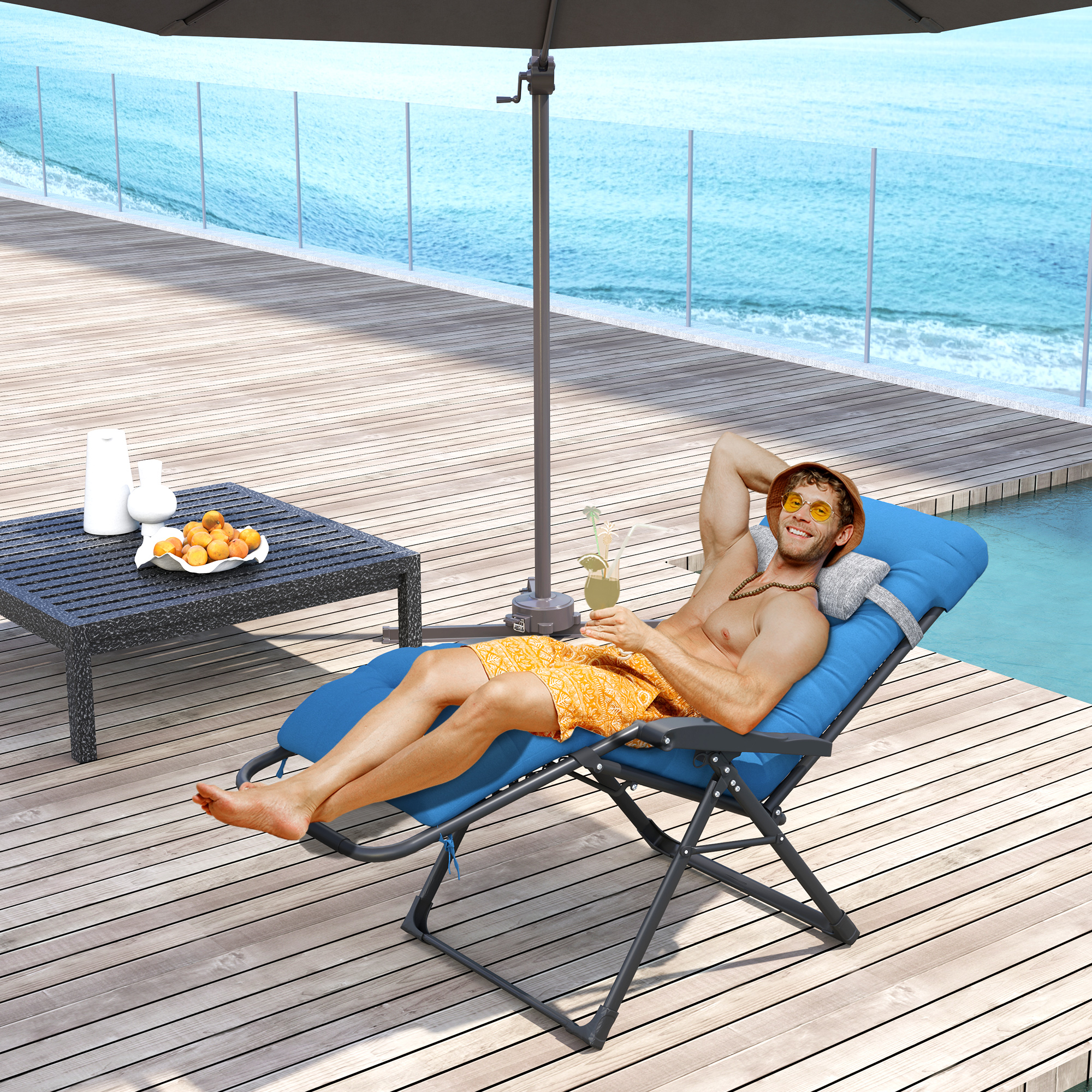 Outsunny Padded Folding Recliner Chair, Patio Lounger with Cupholder, Adjustable Backrest, Removable Cushion, Navy Blue Aosom Canada