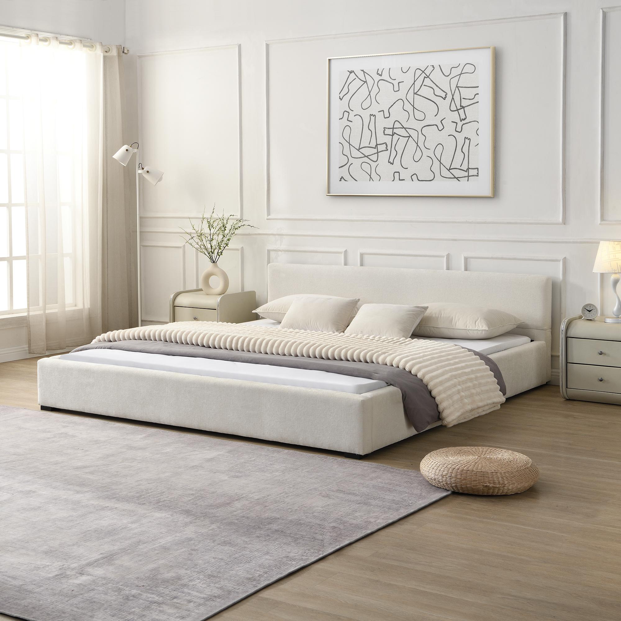 King Upholstered Wide-Edge Bed with 12 Wooden Slats, Solid Bed Frame with 6 Support Legs, 87.5'' L x 83'' W x 27.5'' H, Beige | Aosom Canada