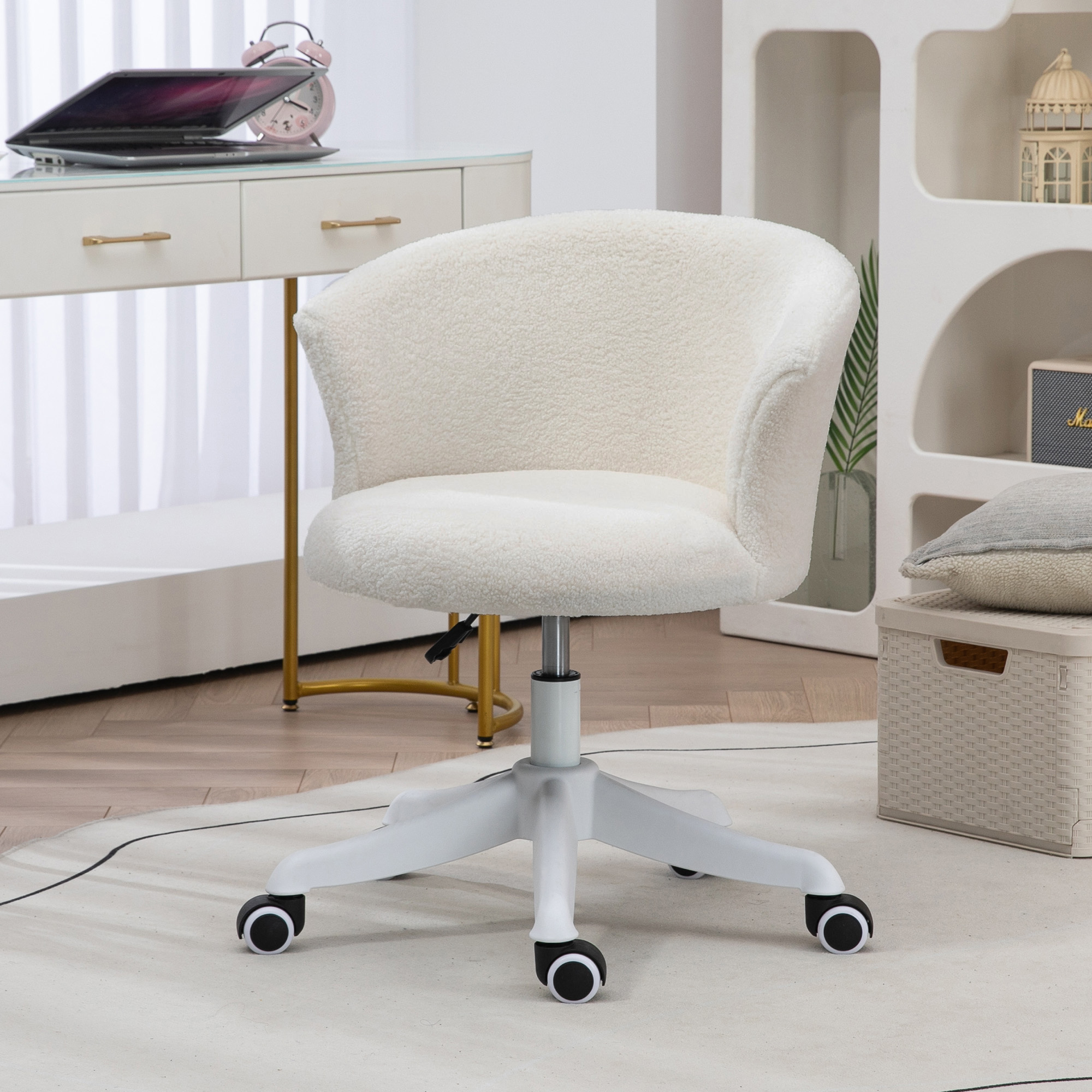 Fluffy PC Work Table Seating with Adjustable-Height Height, Armless Workspace Seating, Rotating Castors, Mid Back, White 1