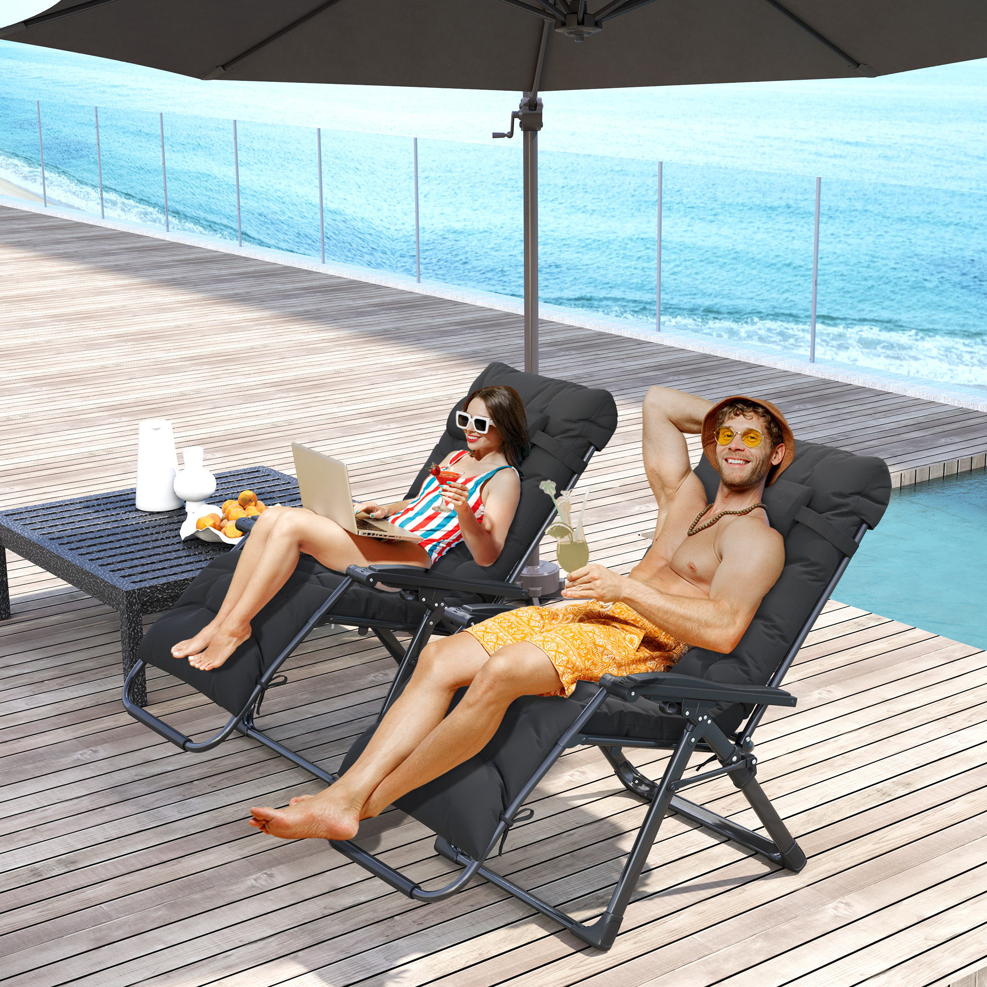 Outsunny Folding Garden Chairs Set of 2, Reclining Zero Gravity Chair, Sun Lounger with Cushion and Headrest, Black Aosom Canada