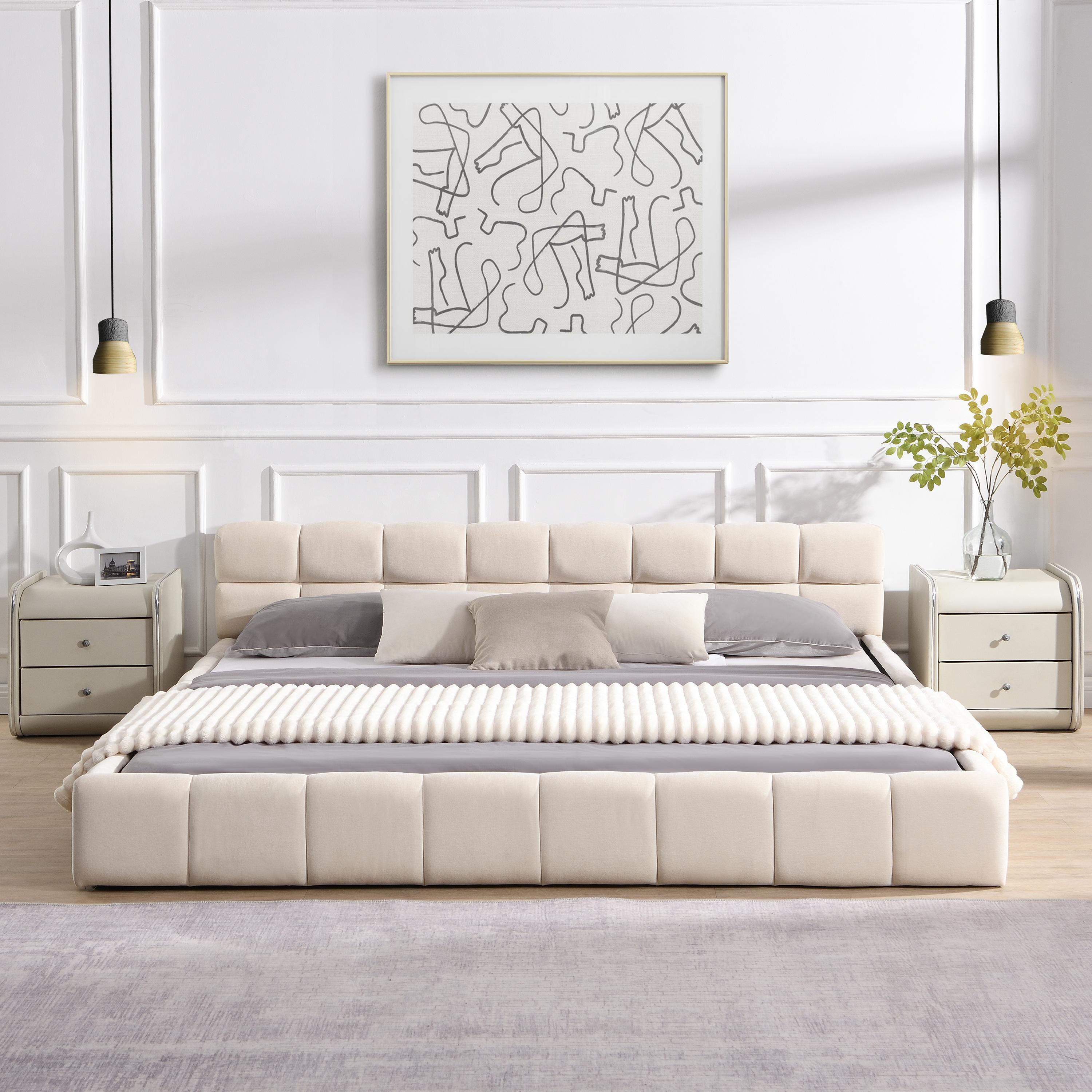 King-Size Upholstered Bed with Checkerboard Headboard, Durable Bed Frame for Homes and Families, 88'' L x 82.5'' W x 24.5'' H, Beige | Aosom Canada