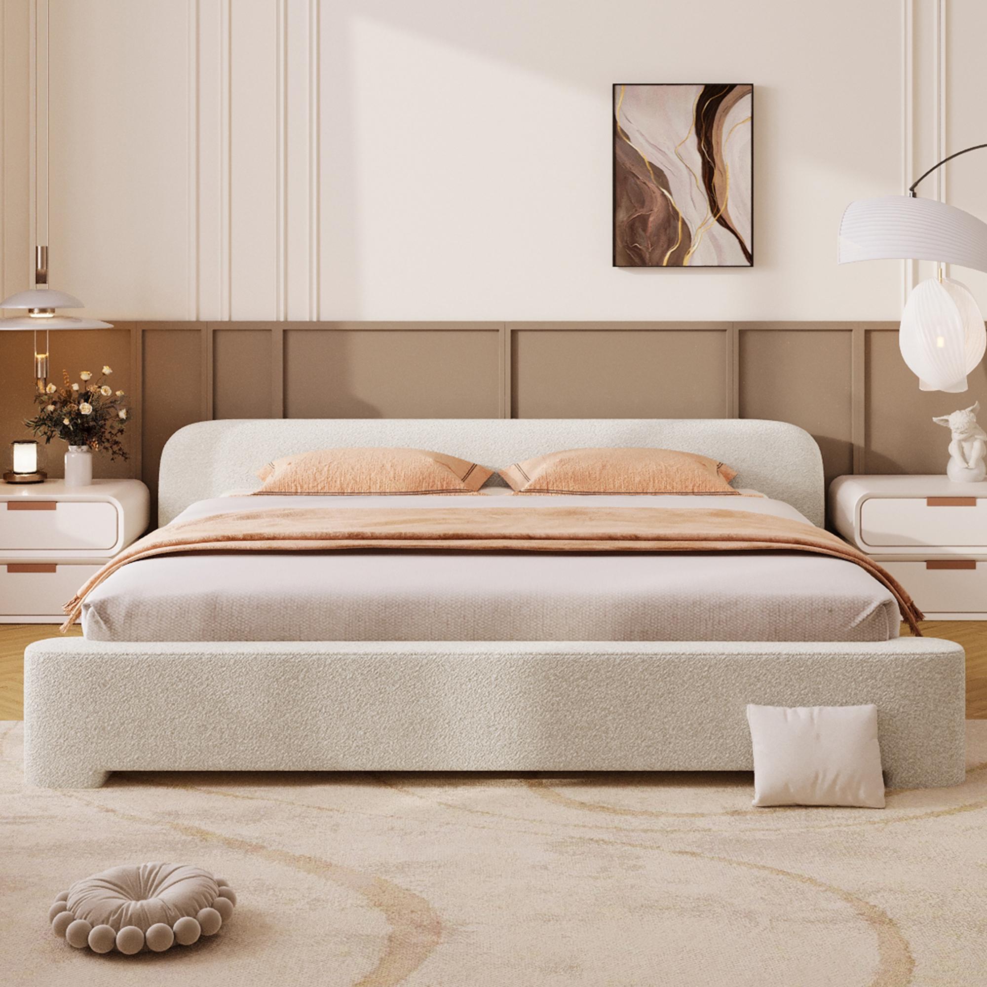 King-Size Boucle Upholstered Bed with 3 Support Legs, Minimalist Bed Frame with Wood Construction, 87.5'' L x 87'' W x 24'' H, White | Aosom Canada
