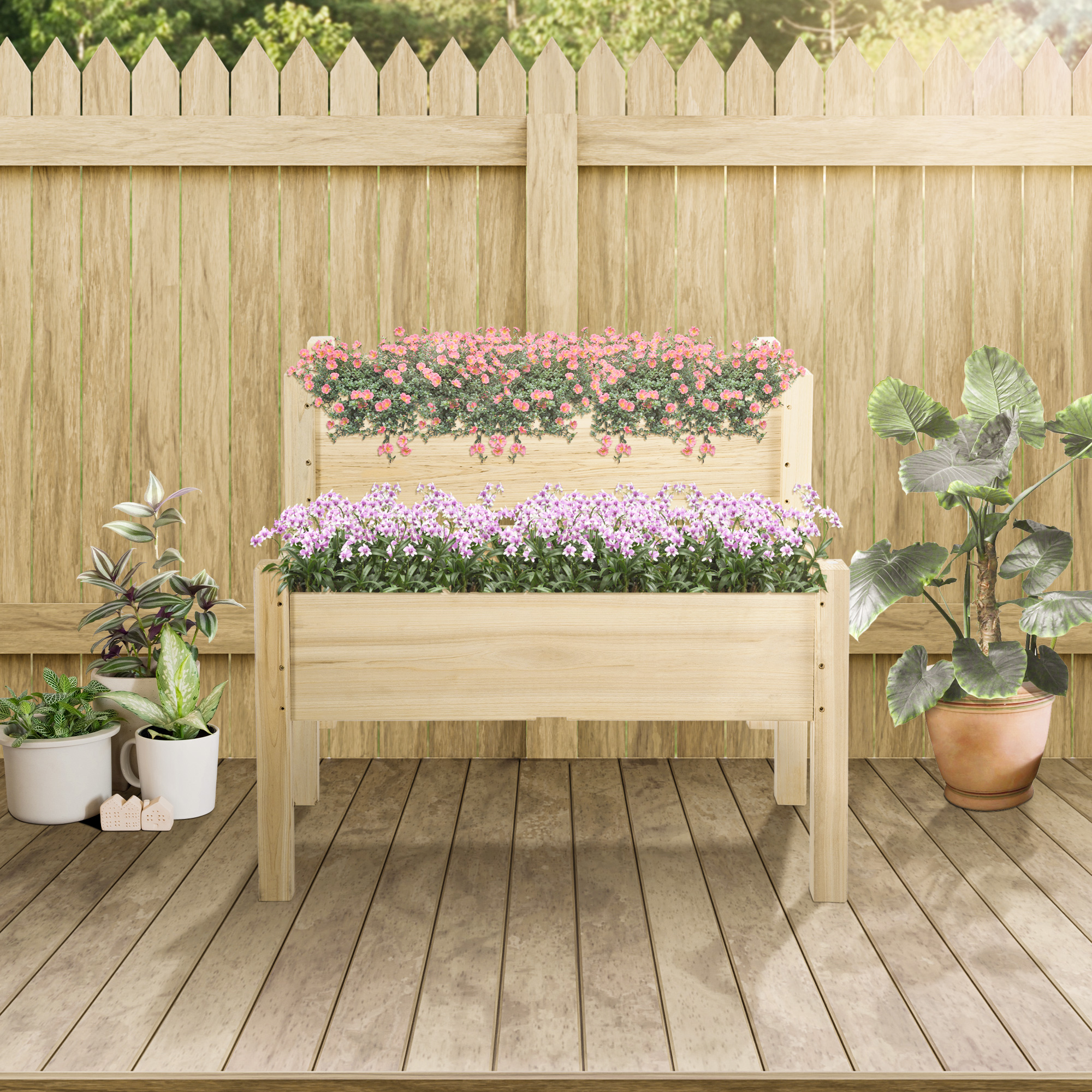 Outsunny 34"x34"x28" Wooden 2-Tier Raised Garden Bed Planter Box for Vegetables, Herbs, Flowers, Backyard, Patio, in Natural Wood Aosom Canada