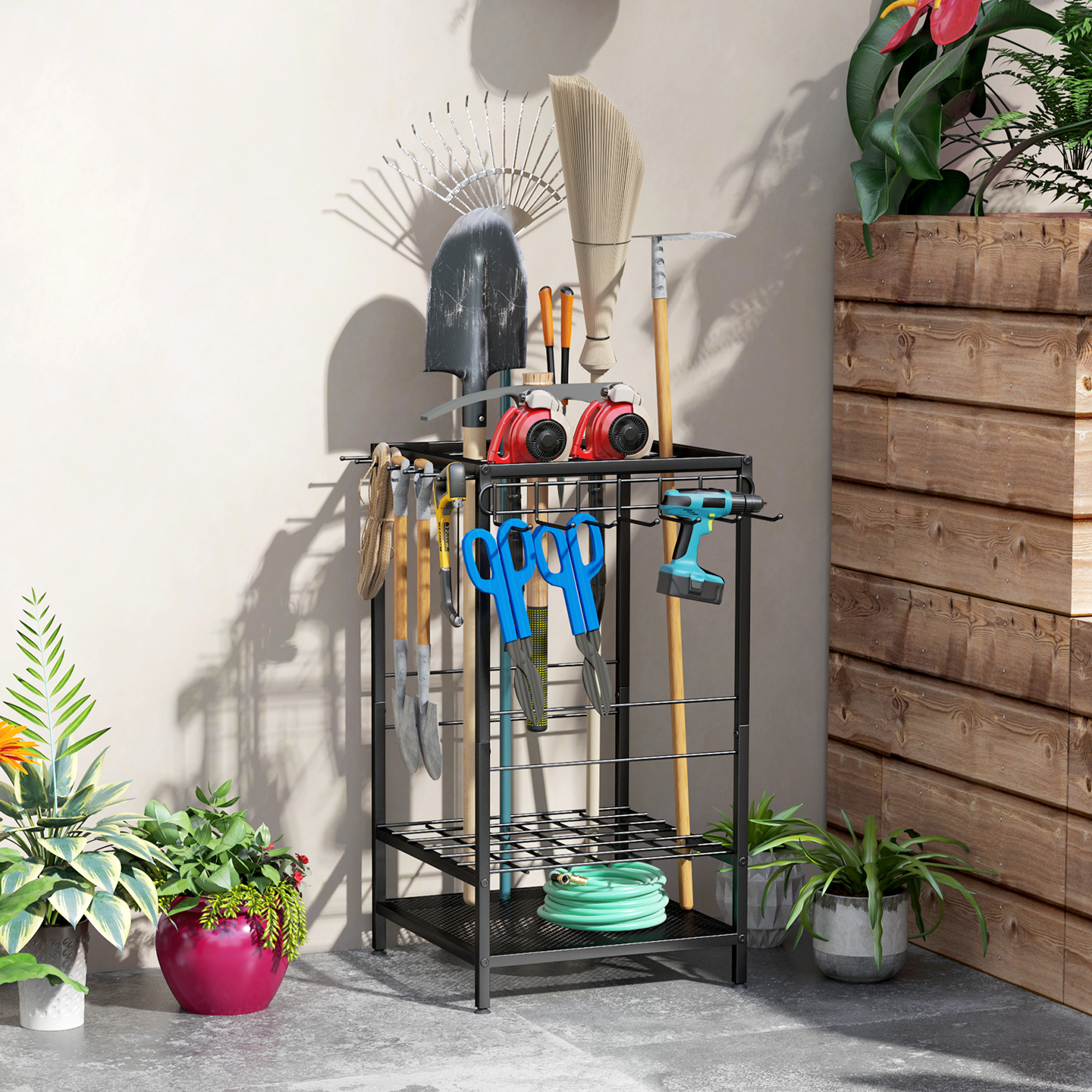 Outsunny 3-Tier Yard Tool Tower Rack, Garden Tool Organizer with 14 Hooks for Long-Handled Rakes, Shovel, Broom, Black Aosom Canada
