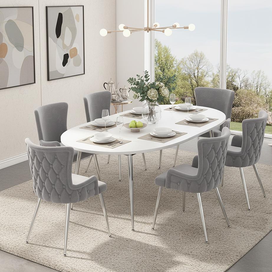 Set of 6 Velvet Dining Chairs with Metal Legs, Upholstered Leisure Chairs for Homes, 21.5'' L x 20.5'' W x 33.5'' H, Gray+Silver | Aosom Canada