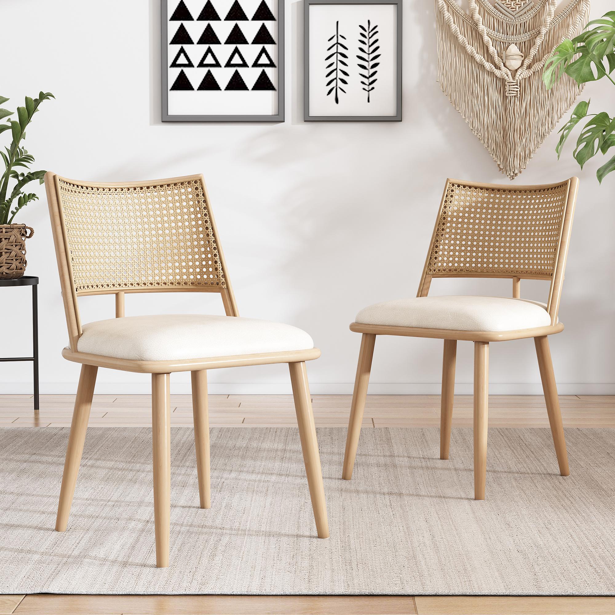 Set of 2 Modern Dining Chairs with Rattan Backrest, Ergonomic Side Chairs for Restaurant, 19.5'' L x 19'' W x 31.5'' H, Beige+Natural | Aosom Canada