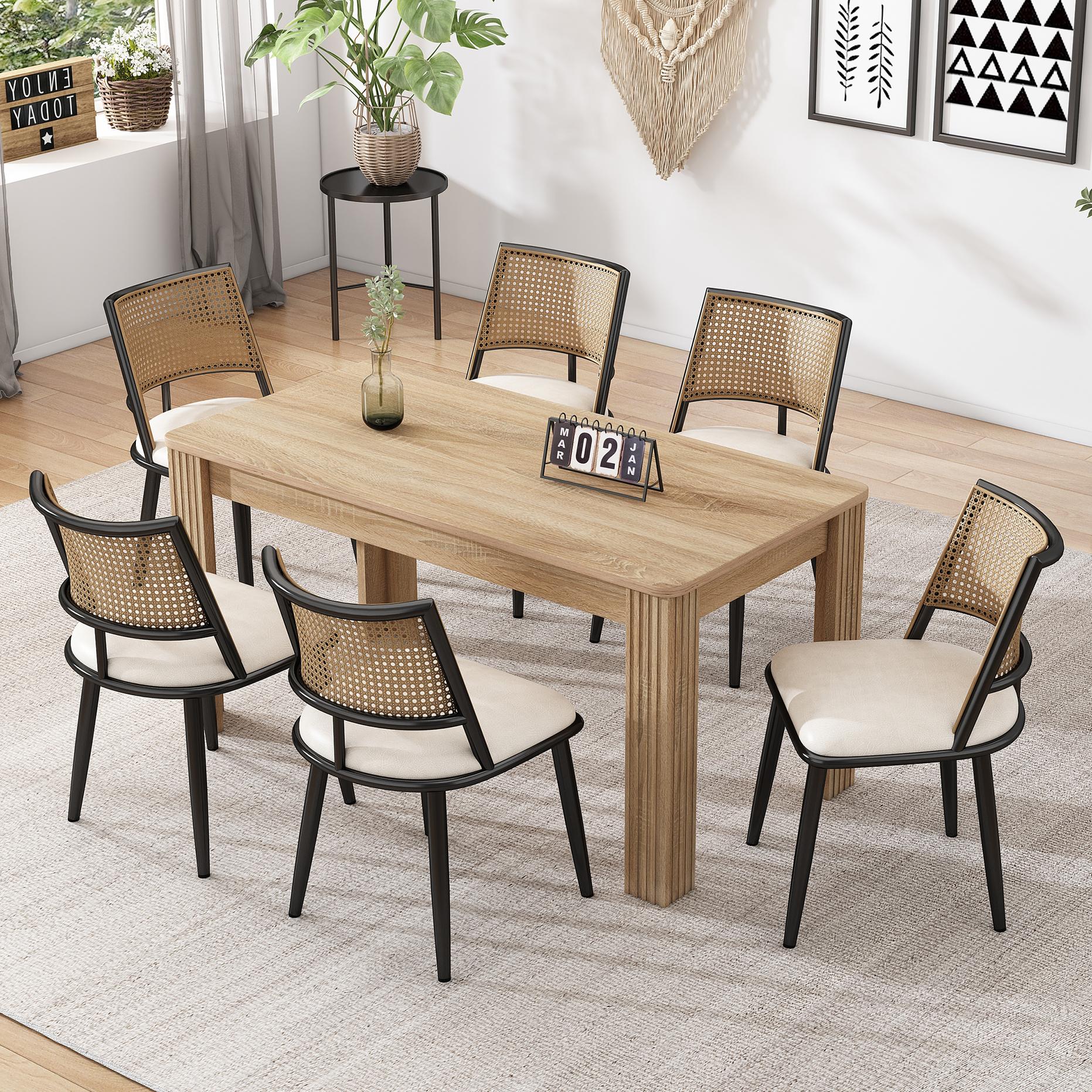 Set of 6 Modern Dining Chairs with PE Rattan Backrest, Ergonomic Side Chairs for Homes, 19.5'' L x 19'' W x 31.5'' H, Black+Natural | Aosom Canada