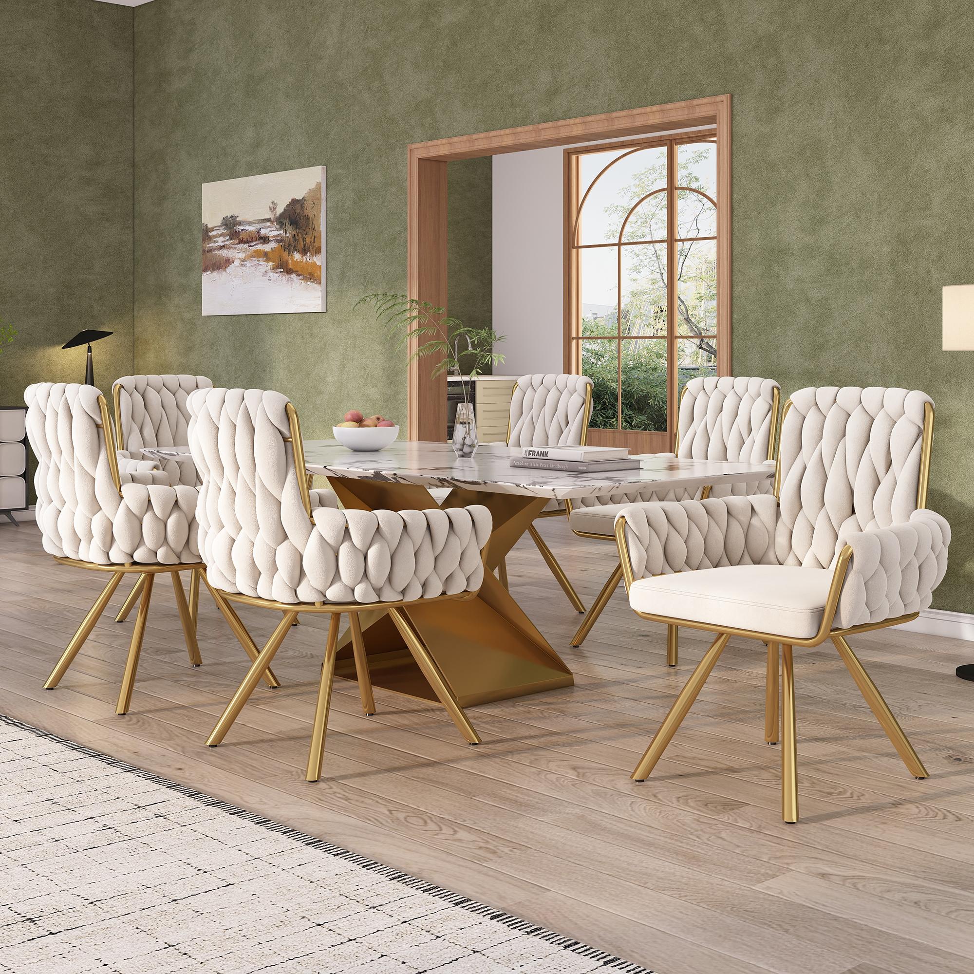 Set of 6 Velvet Dining Chairs with Metal Legs, Upholstered Chairs with Ergonomic Support, 25'' L x 25'' W x 34'' H, Beige+Gold | Aosom Canada