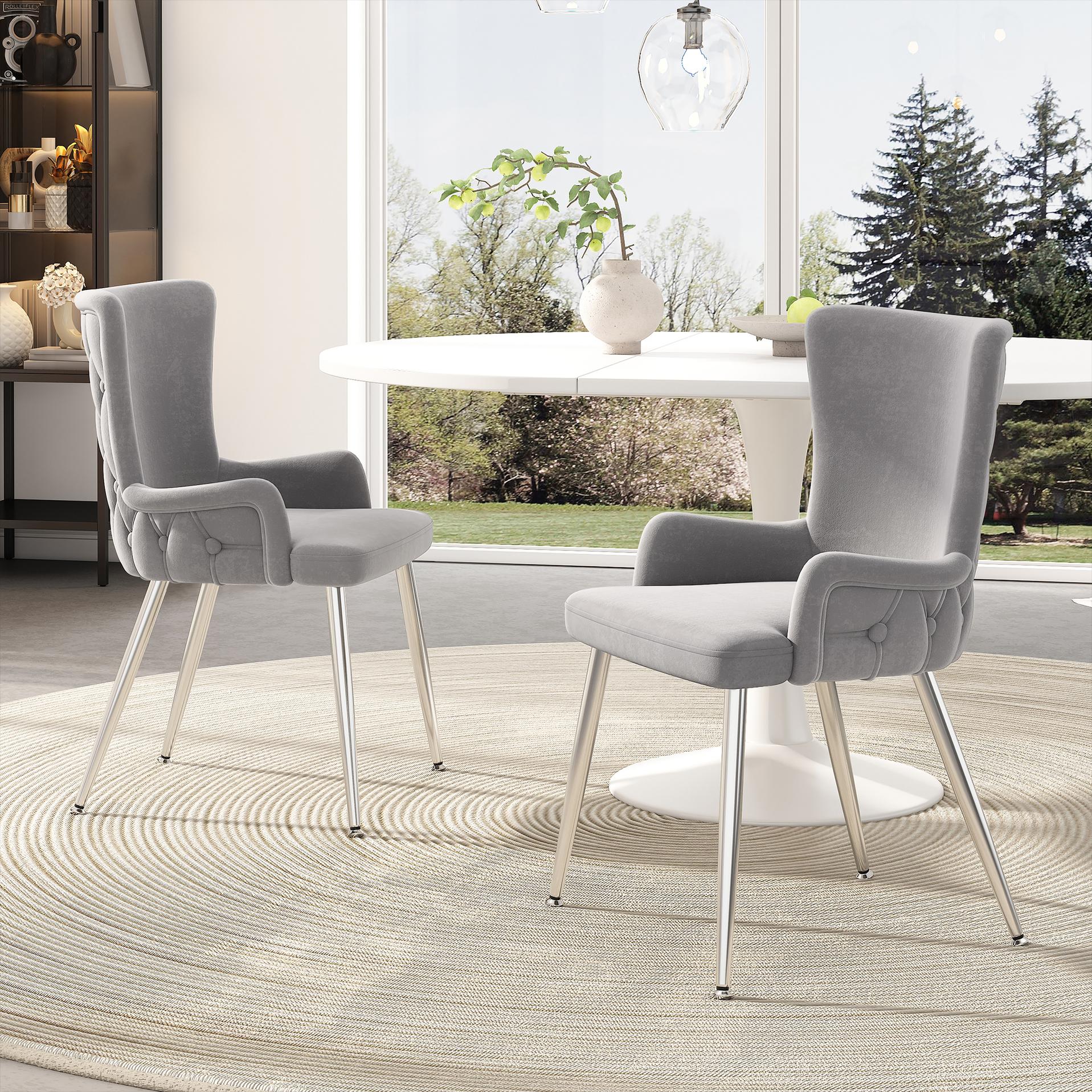 Set of 2 Velvet Dining Chairs with Metal Legs, Ergonomic Chairs for Dining & Living Room, 21.5'' L x 20.5'' W x 33.5'' H, Gray+Silver | Aosom Canada