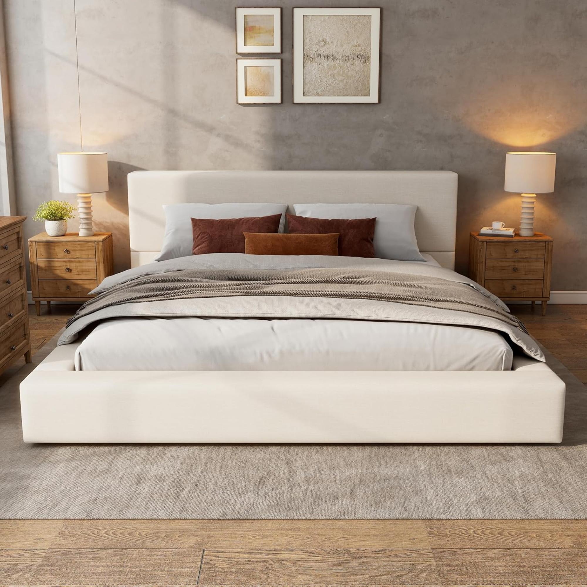 King Size Upholstered Bed with Supportive Slats & Rubber Wood, Soft-Pack Bed with Embedded Frame, 94.5'' L x 88'' W x 37'' H, Beige | Aosom Canada