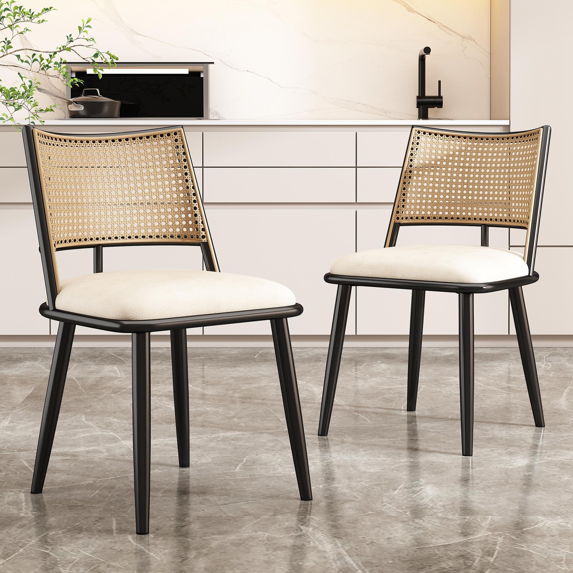 Set of 2 Modern Dining Chairs with PE Rattan Backrest, Ergonomic Side Chairs for Homes, 19.5'' L x 19'' W x 31.5'' H, Black+Natural | Aosom Canada