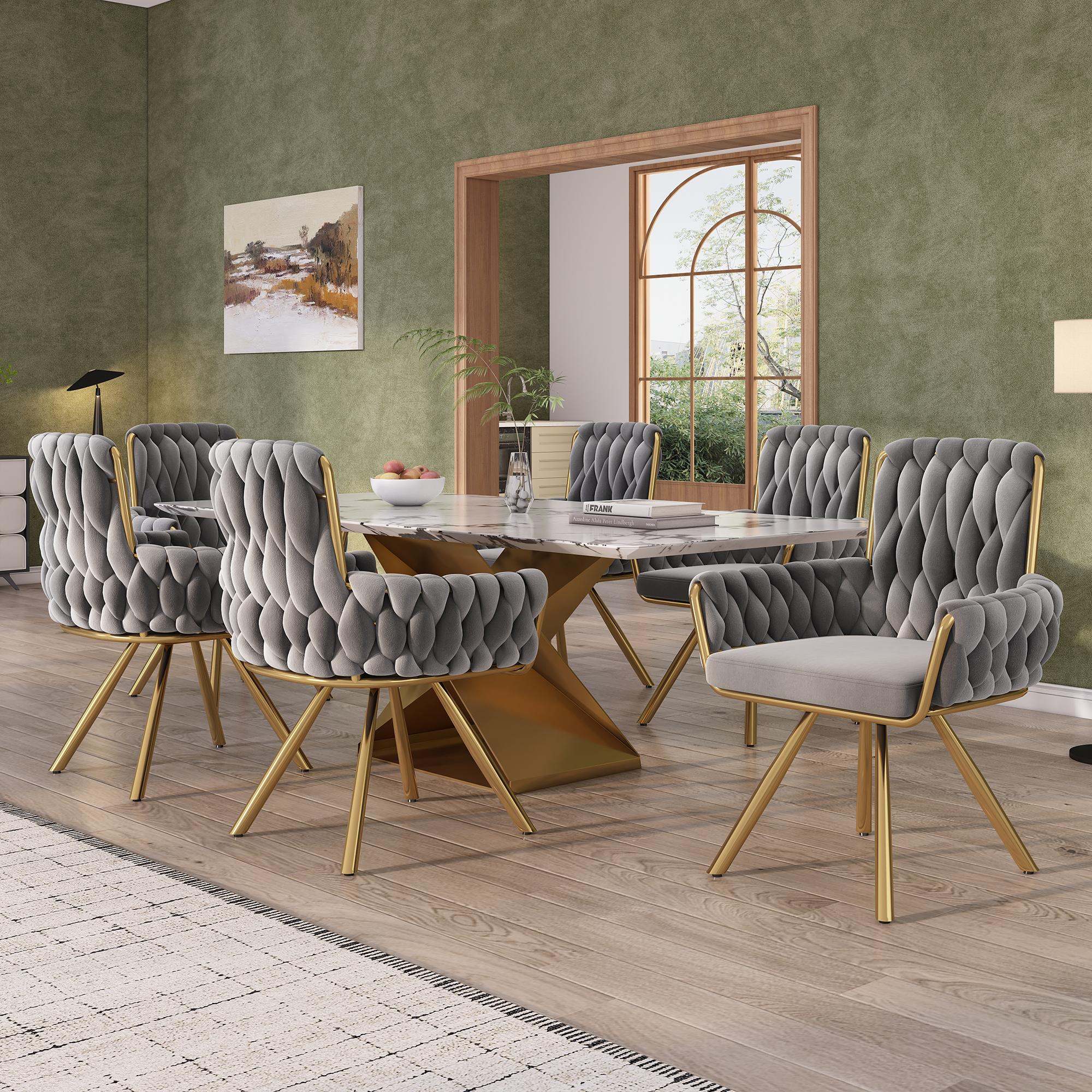 Set of 6 Velvet Dining Chairs with Ergonomic Seats, Industrial-Chic Swivel Chairs with Metal Legs, 25'' L x 25'' W x 34'' H, Gold+Gray | Aosom Canada