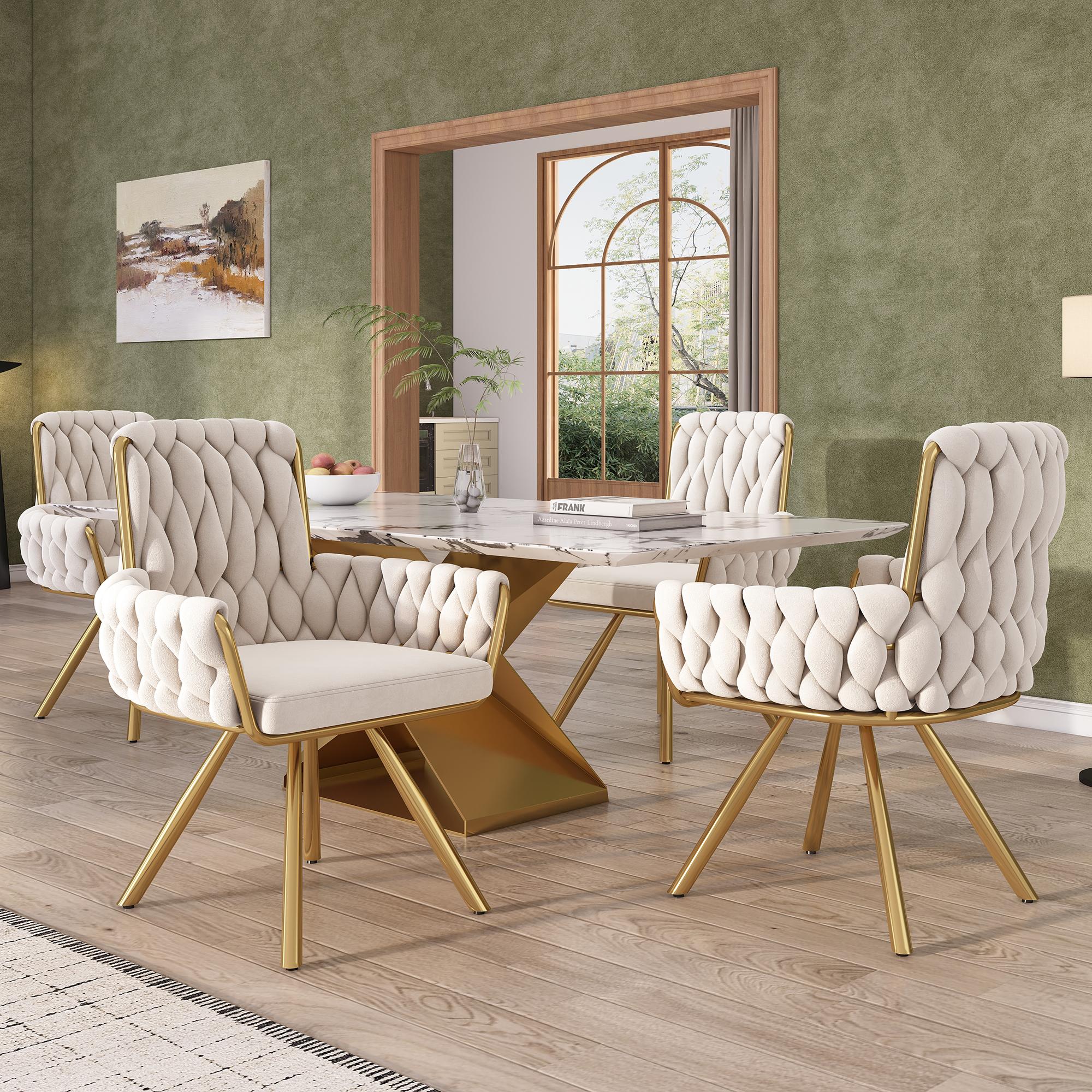 Set of 4 Velvet Dining Chairs with Ergonomic Support, Modern Swivel Chairs with Metal Legs, 25'' L x 25'' W x 34'' H, Beige+Gold | Aosom Canada