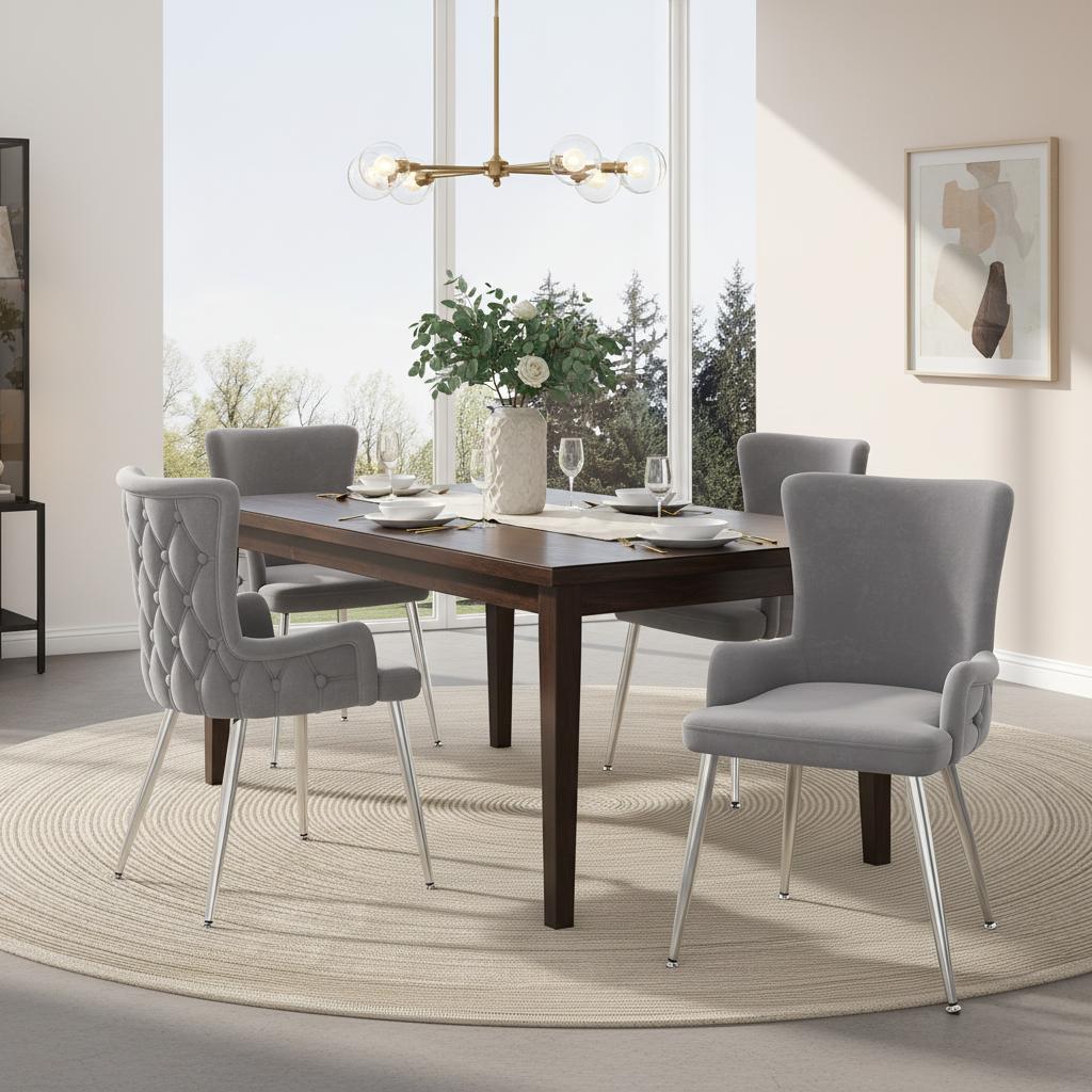 Set of 4 Velvet Dining Chairs with 4 Metal Legs, Upholstered Leisure Chairs for Modern Condos, 21.5'' L x 20.5'' W x 33.5'' H, Gray | Aosom Canada