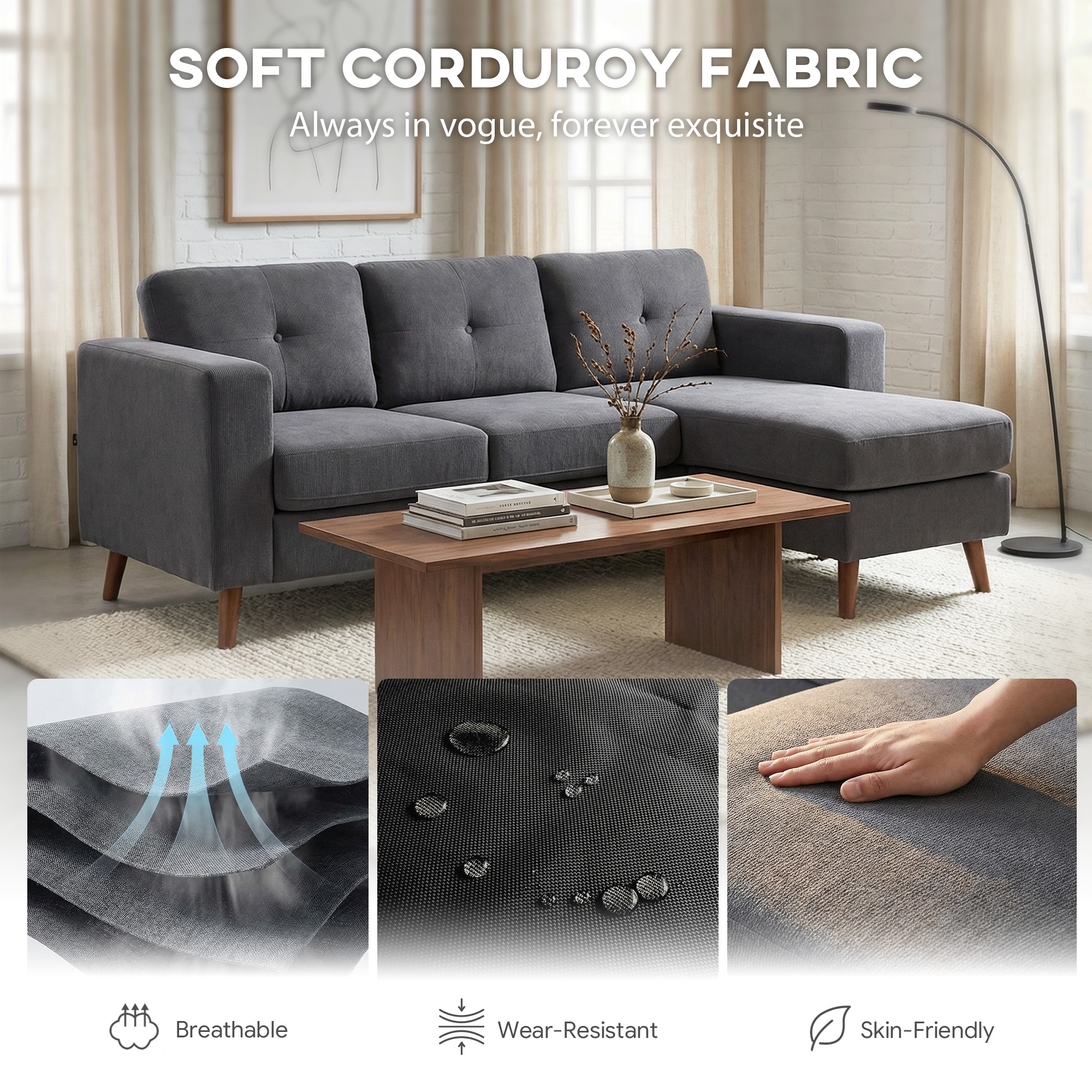 HOMCOM Small Space Sofa 3-Seat Sectional Sofa Dark Grey | Aosom Canada