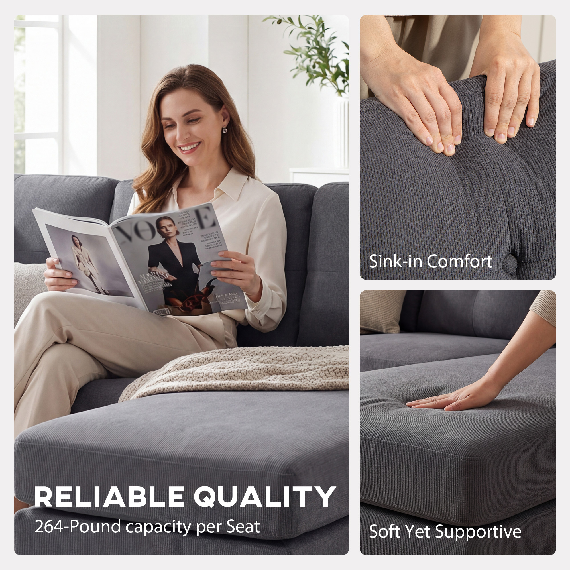 HOMCOM Small Space Sofa 3-Seat Sectional Sofa Dark Grey | Aosom Canada