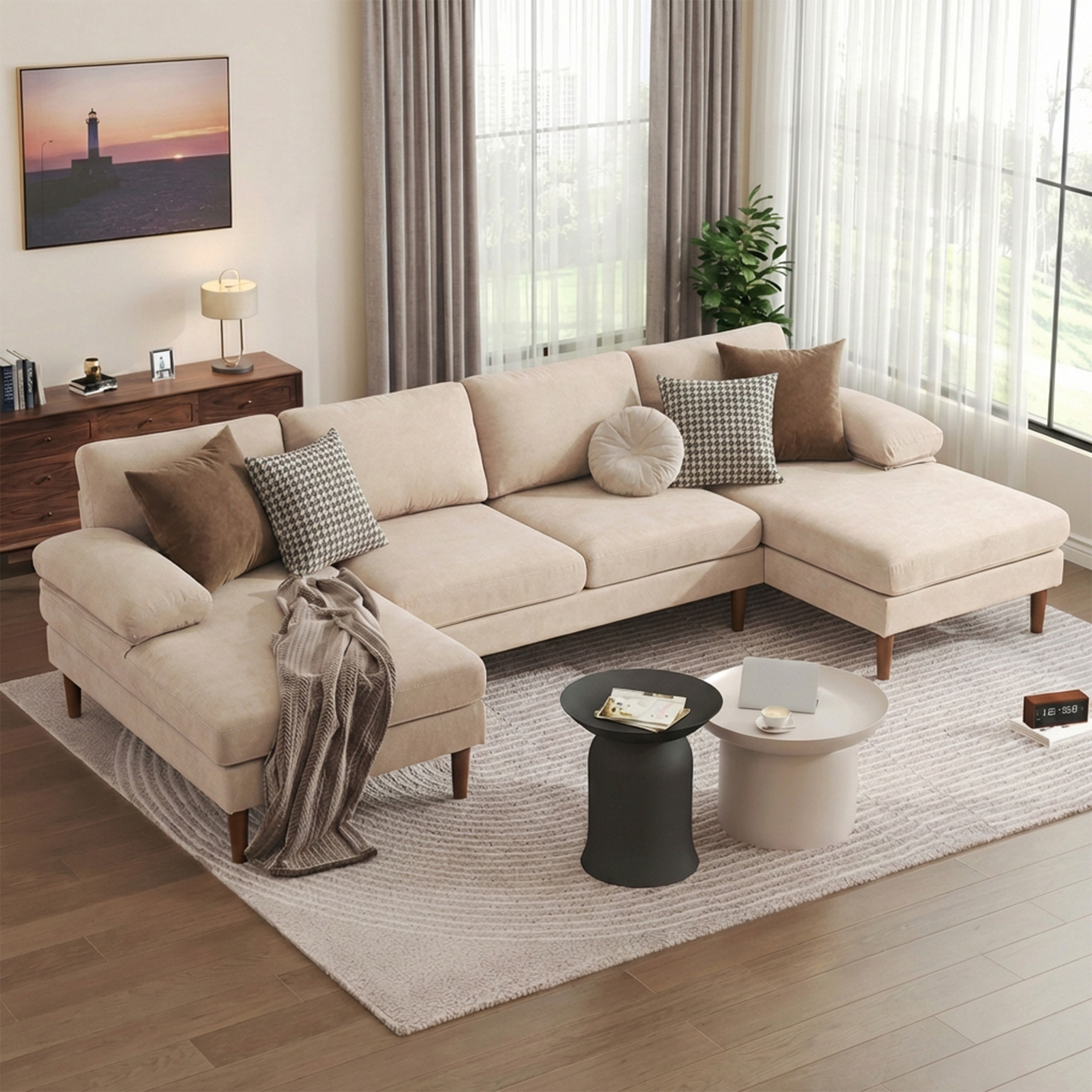 HOMCOM U Shape Couch with Double Chaise Lounge, Modern 4 Seater Sofa with Wooden Legs, Fabric Sofa for Living Room, Beige Aosom Canada