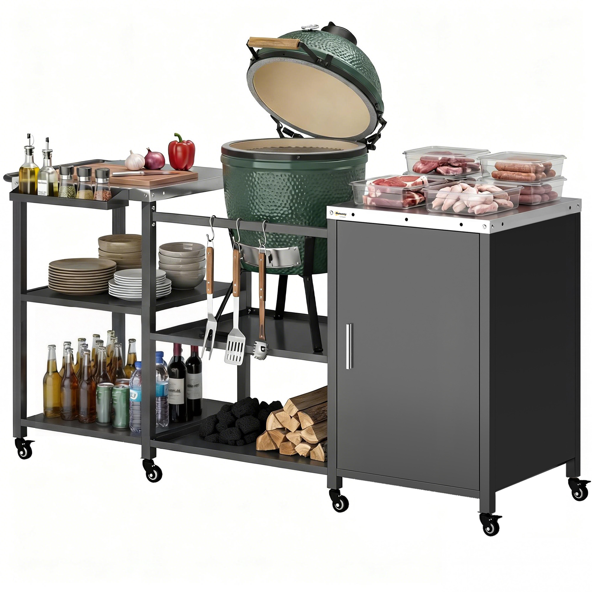Outsunny Grill Table for Big Green Egg Grill, Heavy Duty Metal BBQ Prep Table with Stainless Steel Top and Storage Cabinet, Black